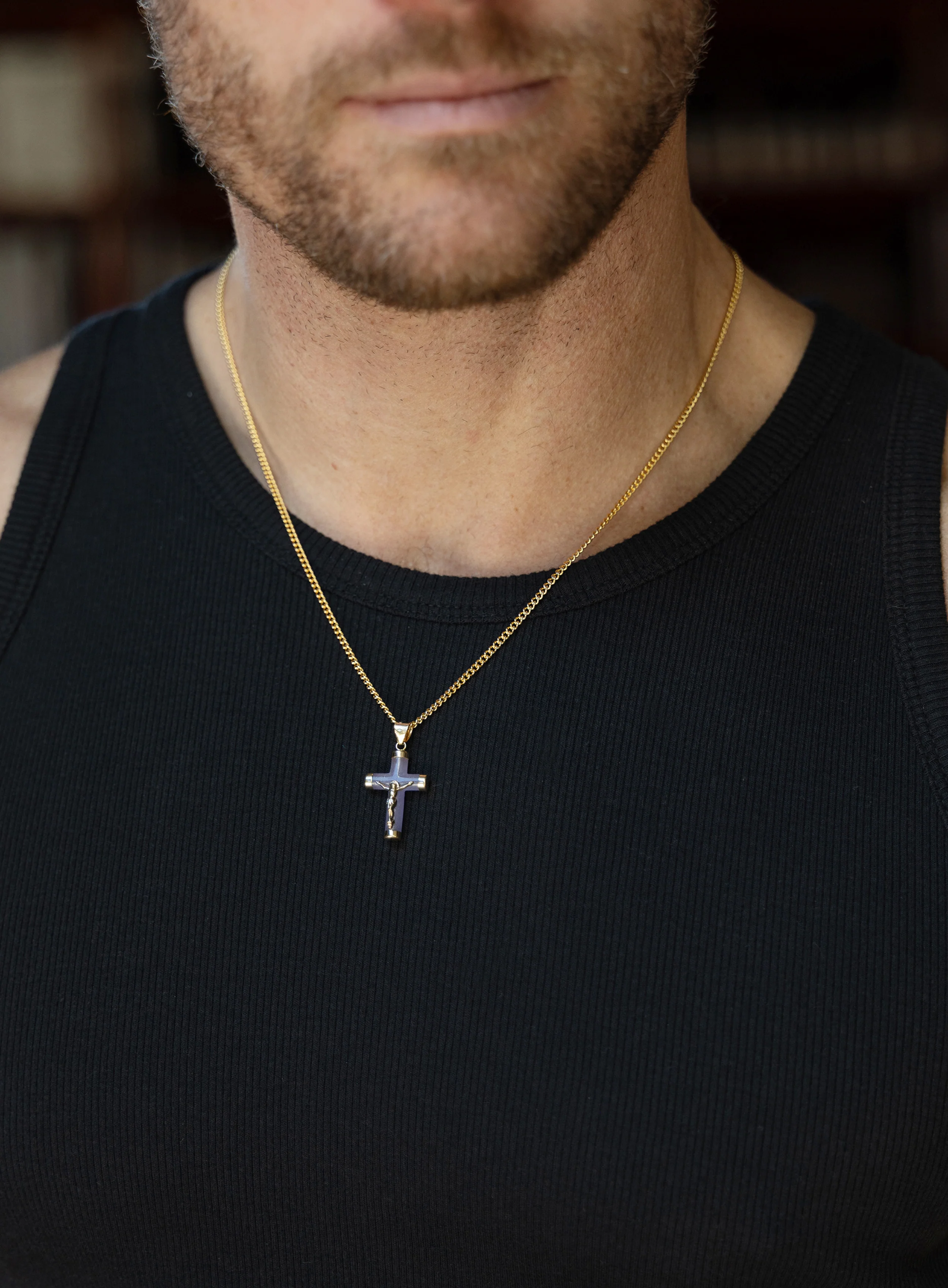 14k Gold Purple Quartz Cross on 14k Gold Filled Curb Chain