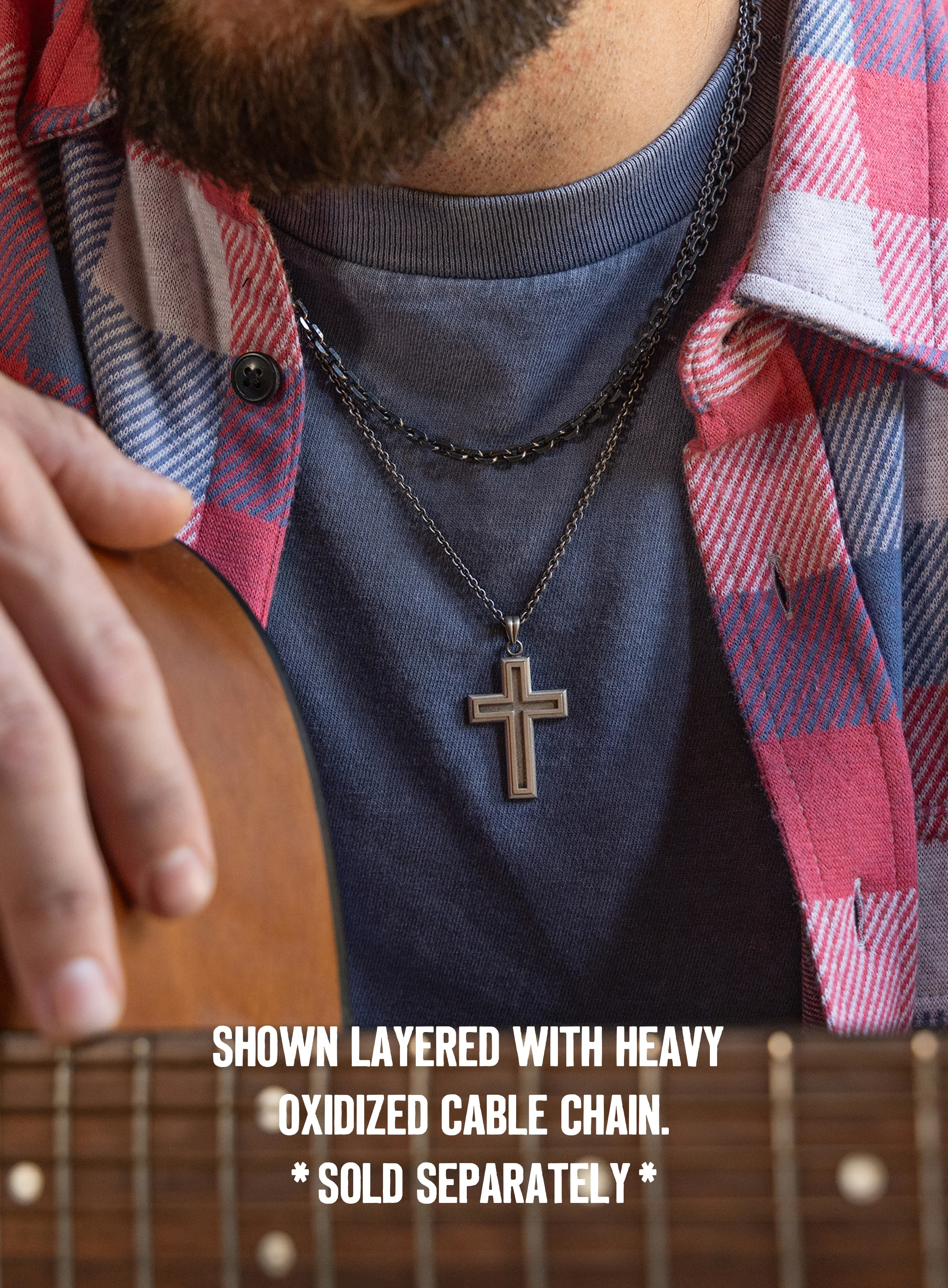 925 Oxidized Sterling Silver Outline Cross Necklace for Men - Image 2