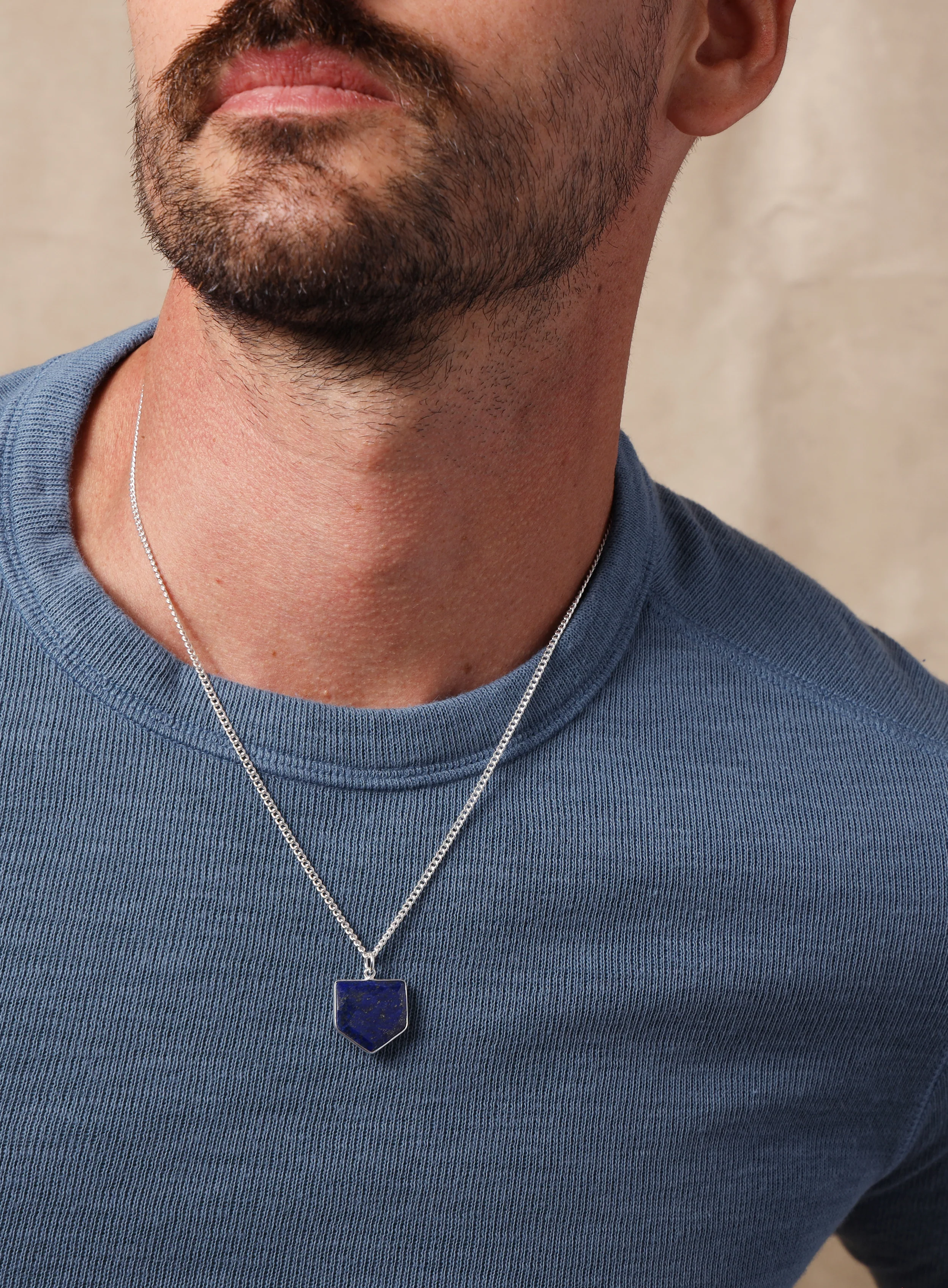 925 Sterling Shield Shape Genuine Lapis Lazuli Pendant Necklace - Image 5