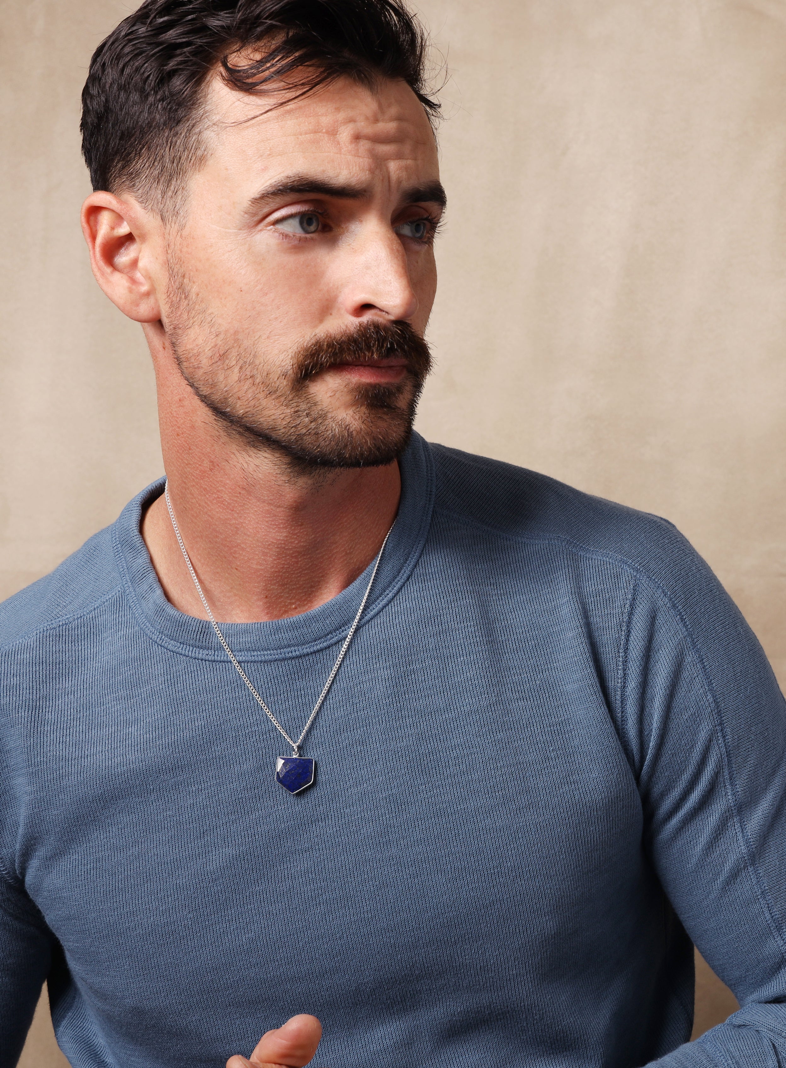925 Sterling Shield Shape Genuine Lapis Lazuli Pendant Necklace - Image 9