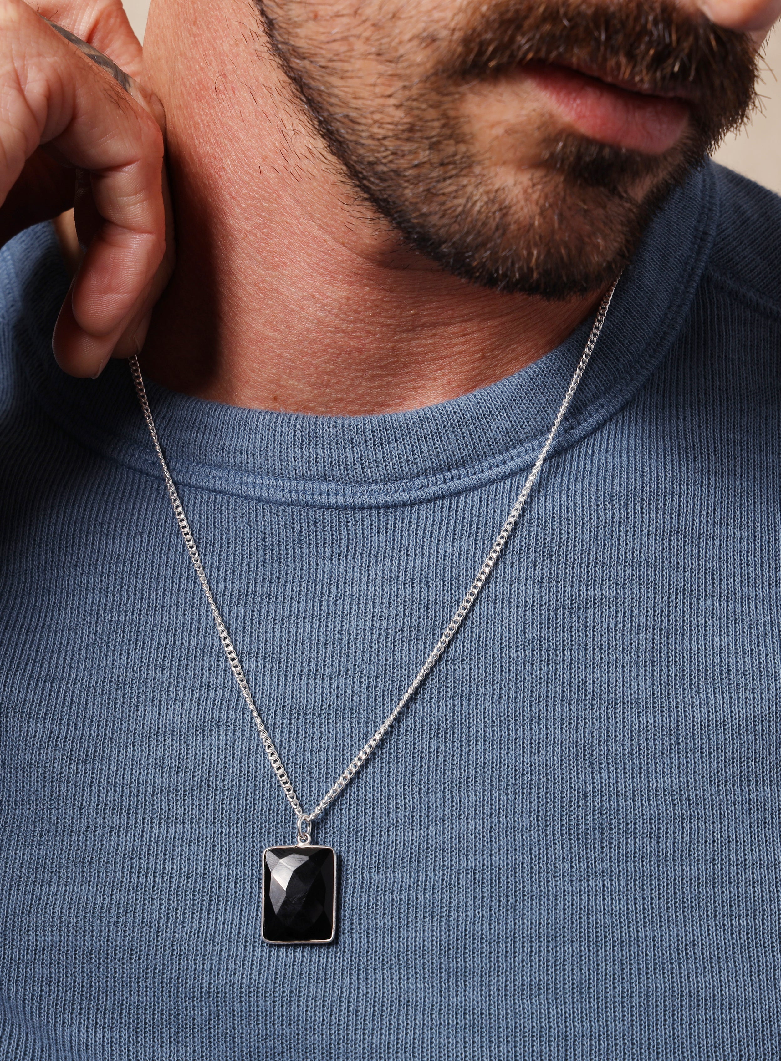 925 Sterling Silver Genuine Black Onyx Pendant Chain Necklace - Image 4