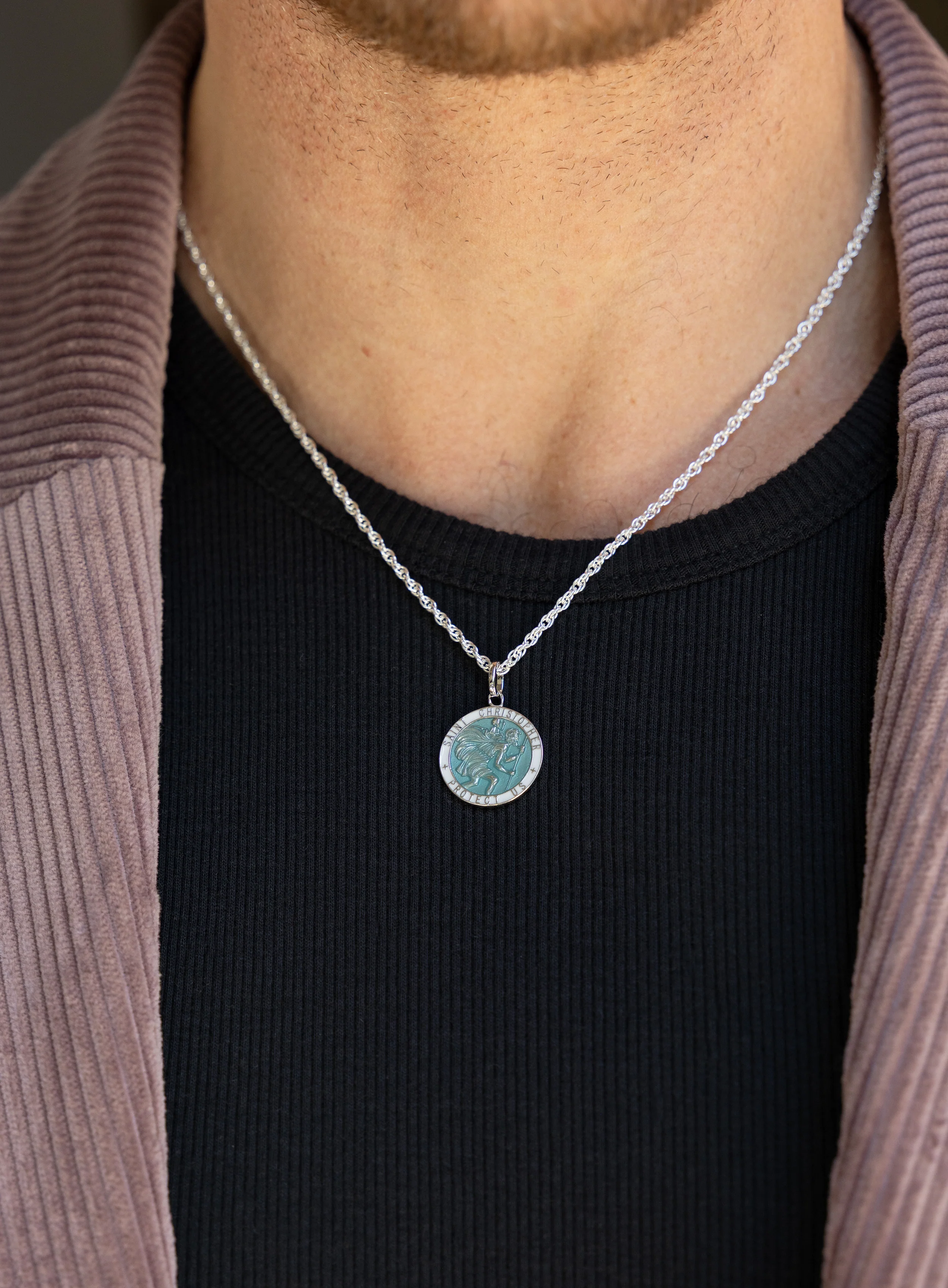 925 Sterling Silver Light Blue Enamel Saint Christopher Pendant Necklace