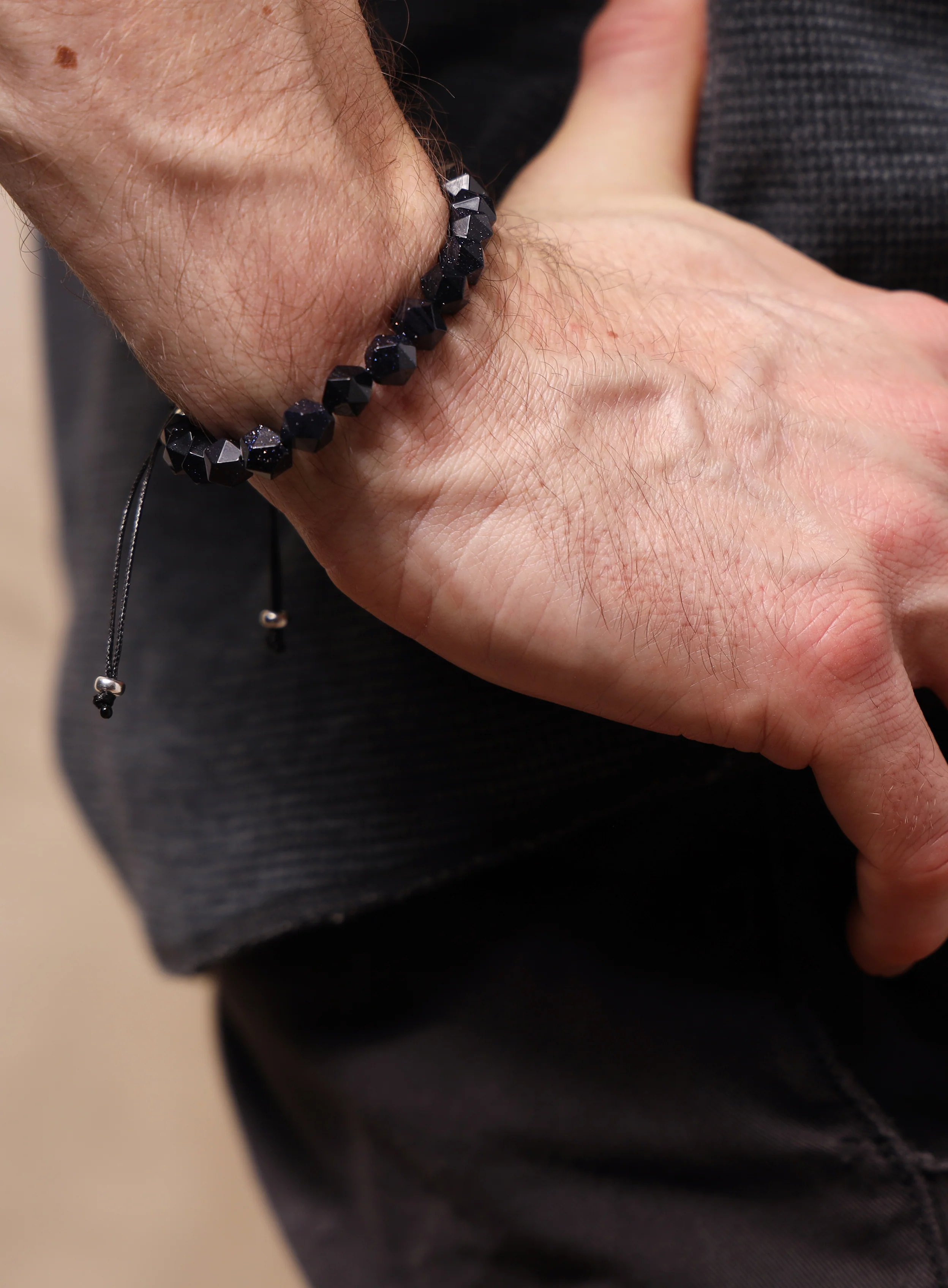 Blue Goldstone and Sterling Silver Men's Bead Bracelet - Image 5