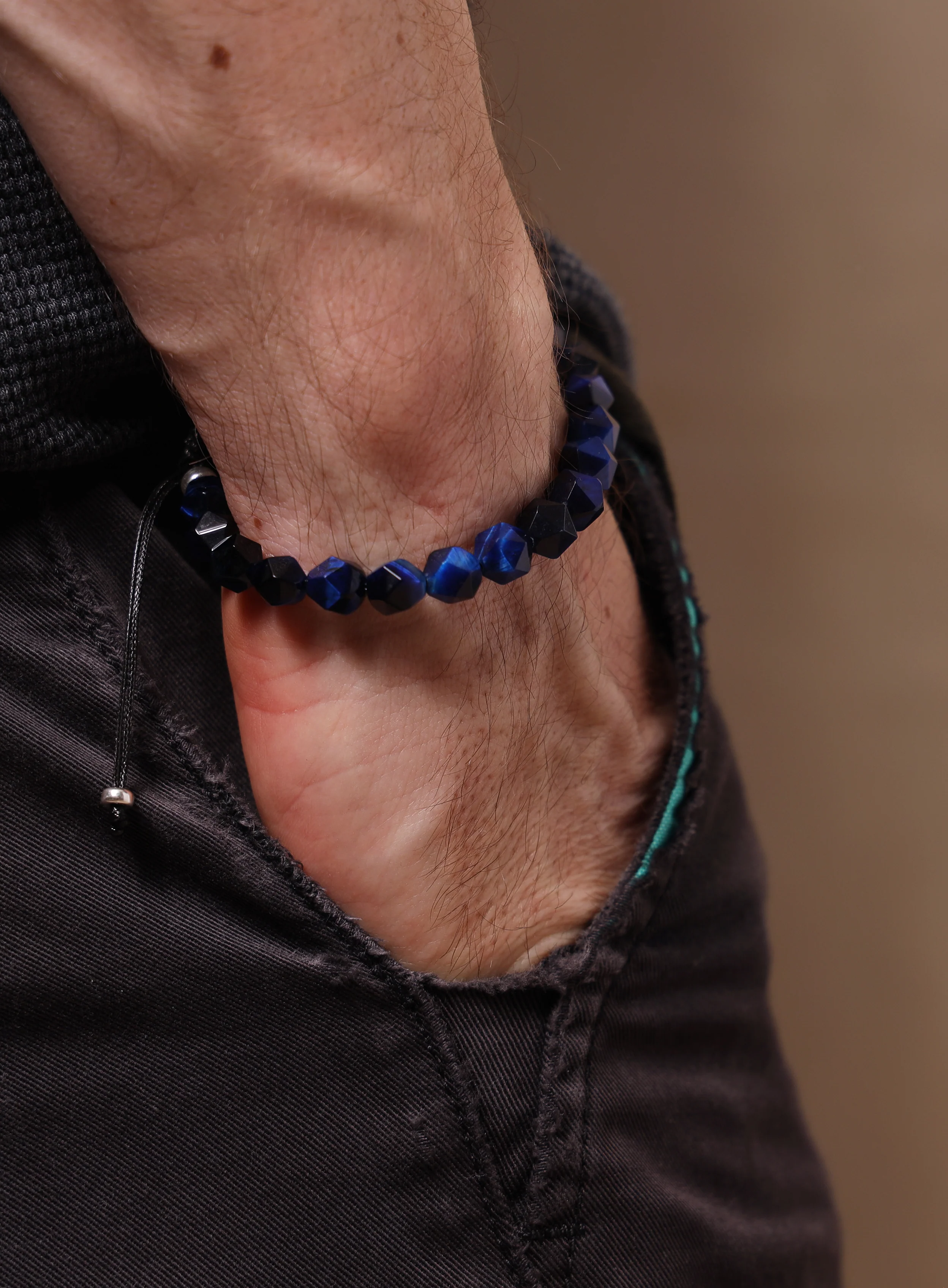 Blue Tiger Eye and Sterling Silver Bead Men's Bracelet - Image 5