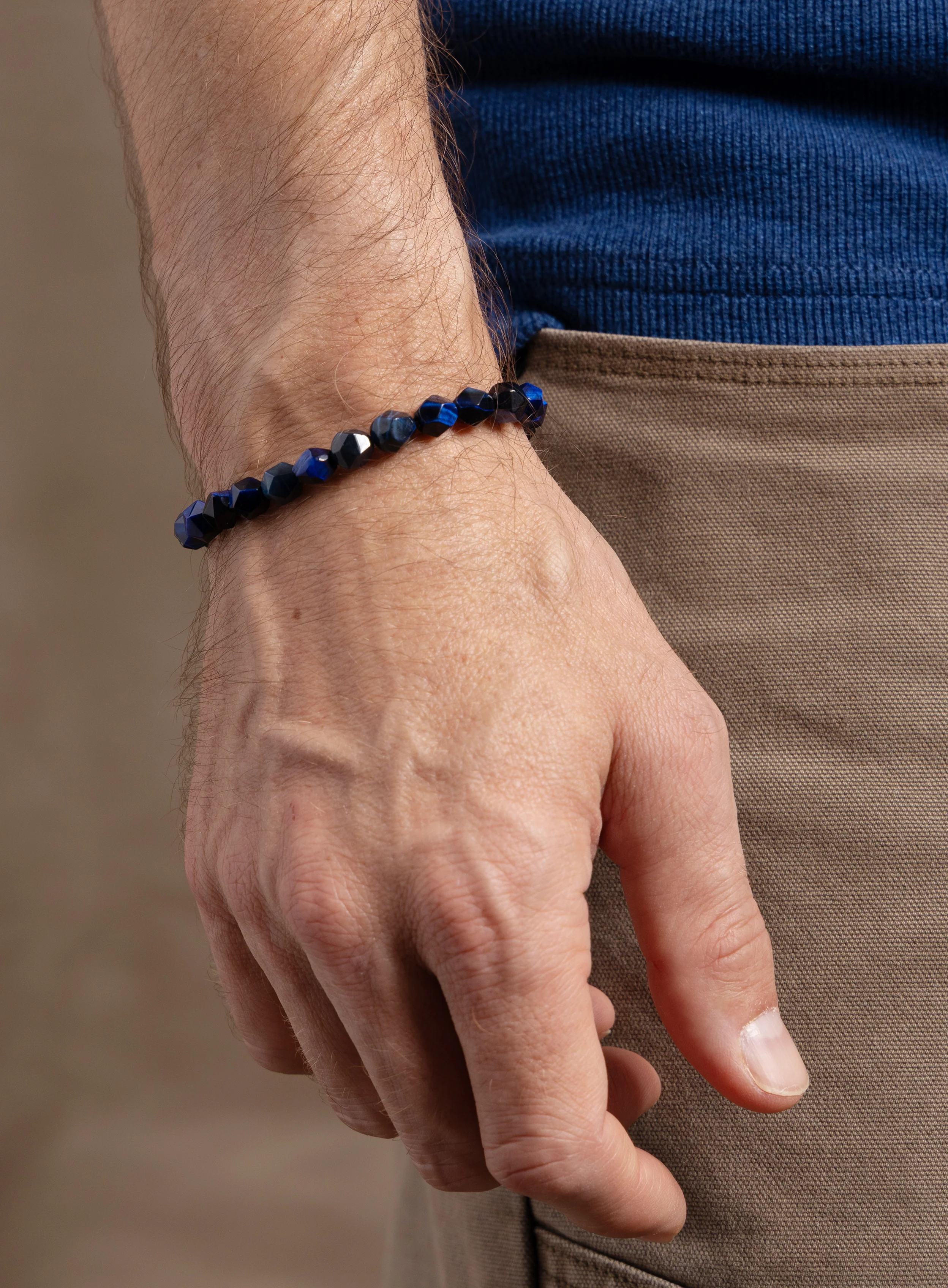 Blue Tiger Eye and Sterling Silver Bracelet for Men - Image 2