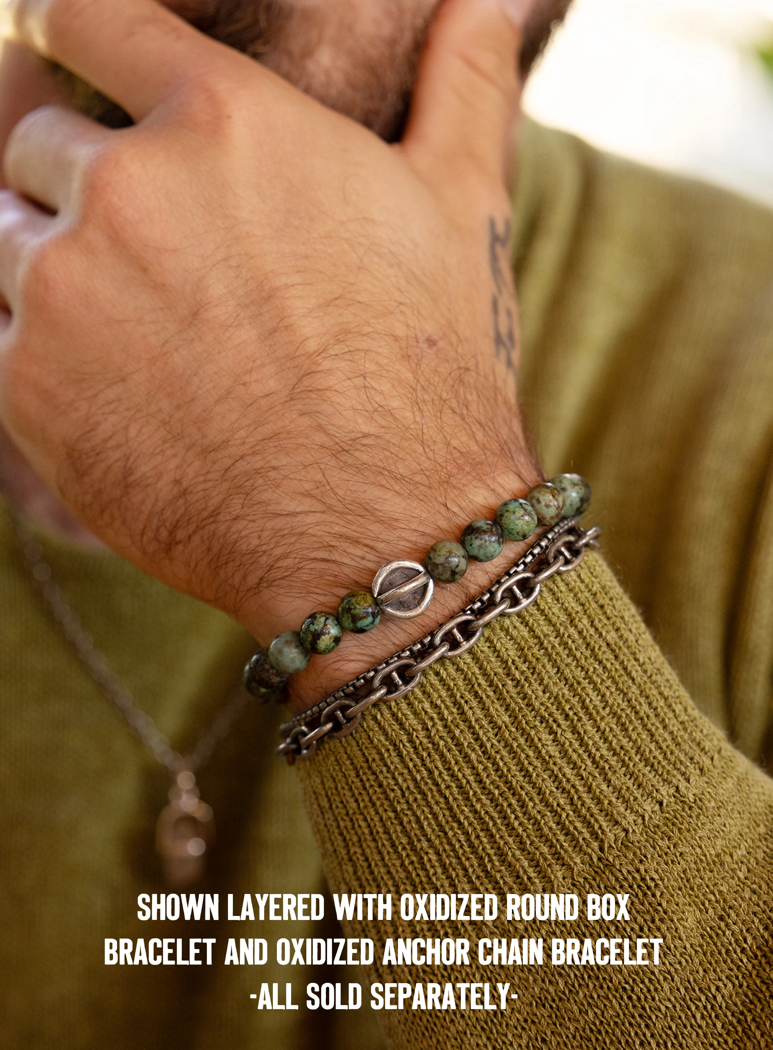 Genuine African Turquoise and Sterling Silver Men's Bead Bracelet - Image 2