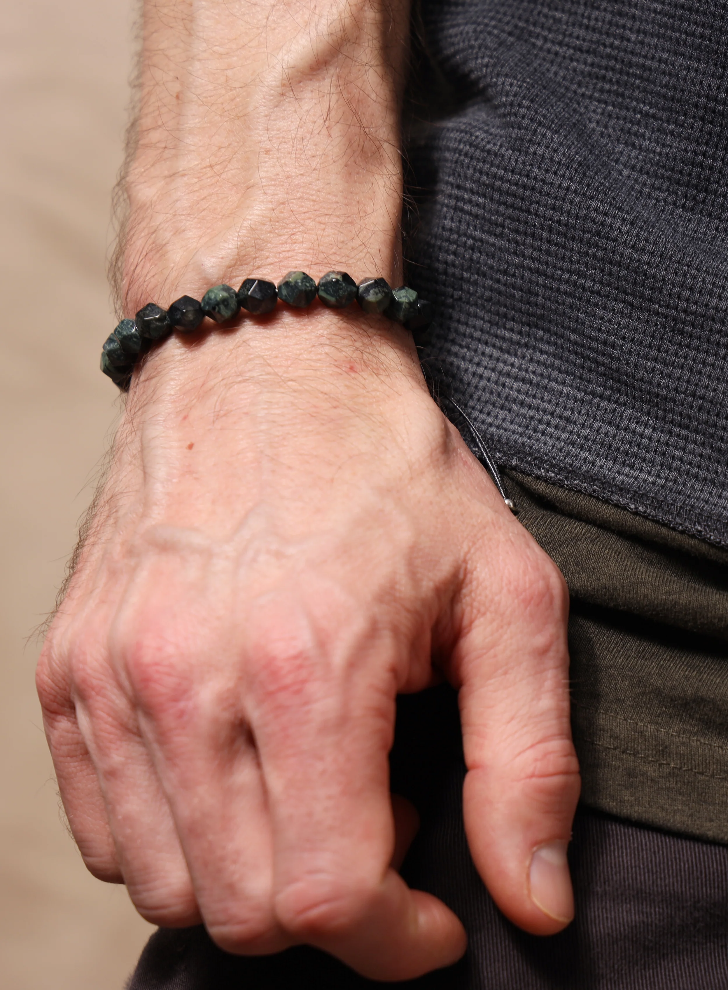 Kambaba Jasper and Sterling Silver Bead Bracelet for Men
