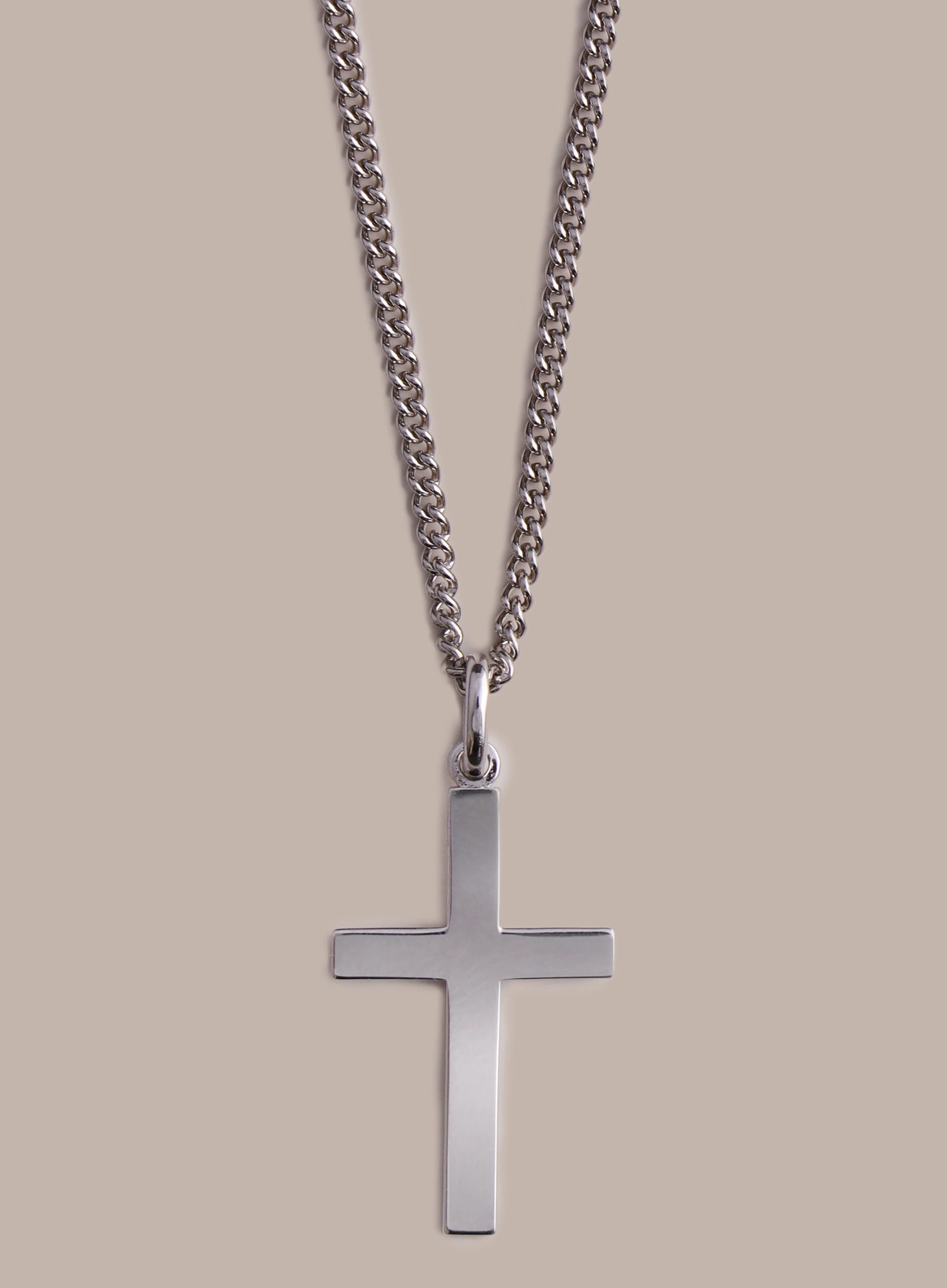 Large 925 Sterling Silver Cross on Sterling Rhodium Coated Curb Chain