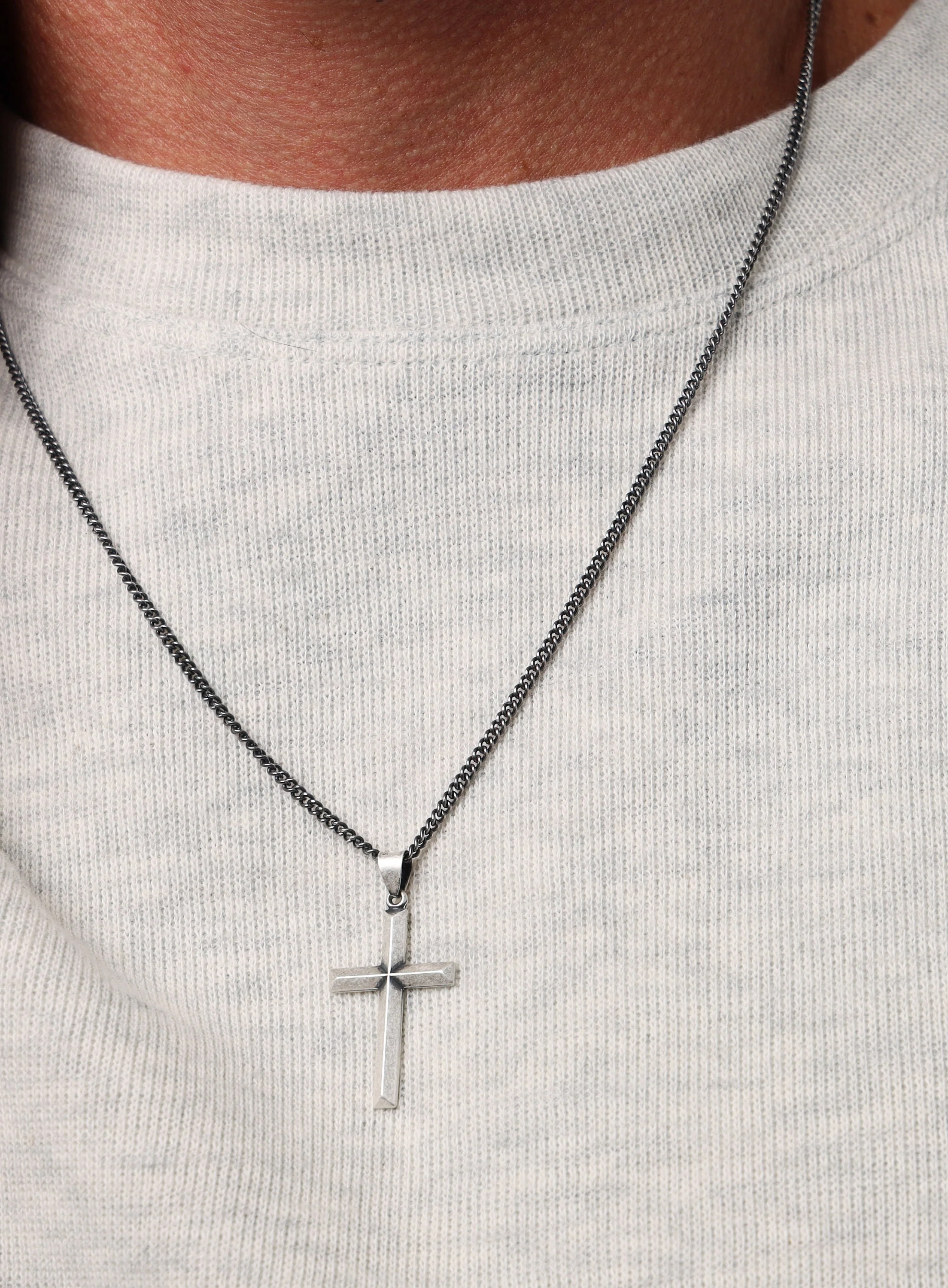 Large Sterling Silver Bevel Cross Pendant Necklace for Men - Image 3
