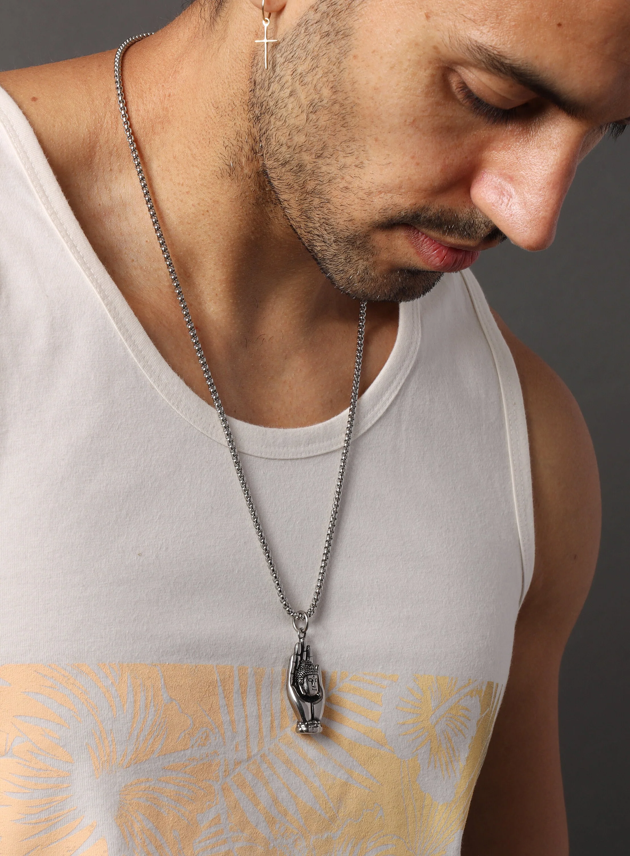 Silver Buddha head on hand 316L Stainless Steel Chain - Image 3