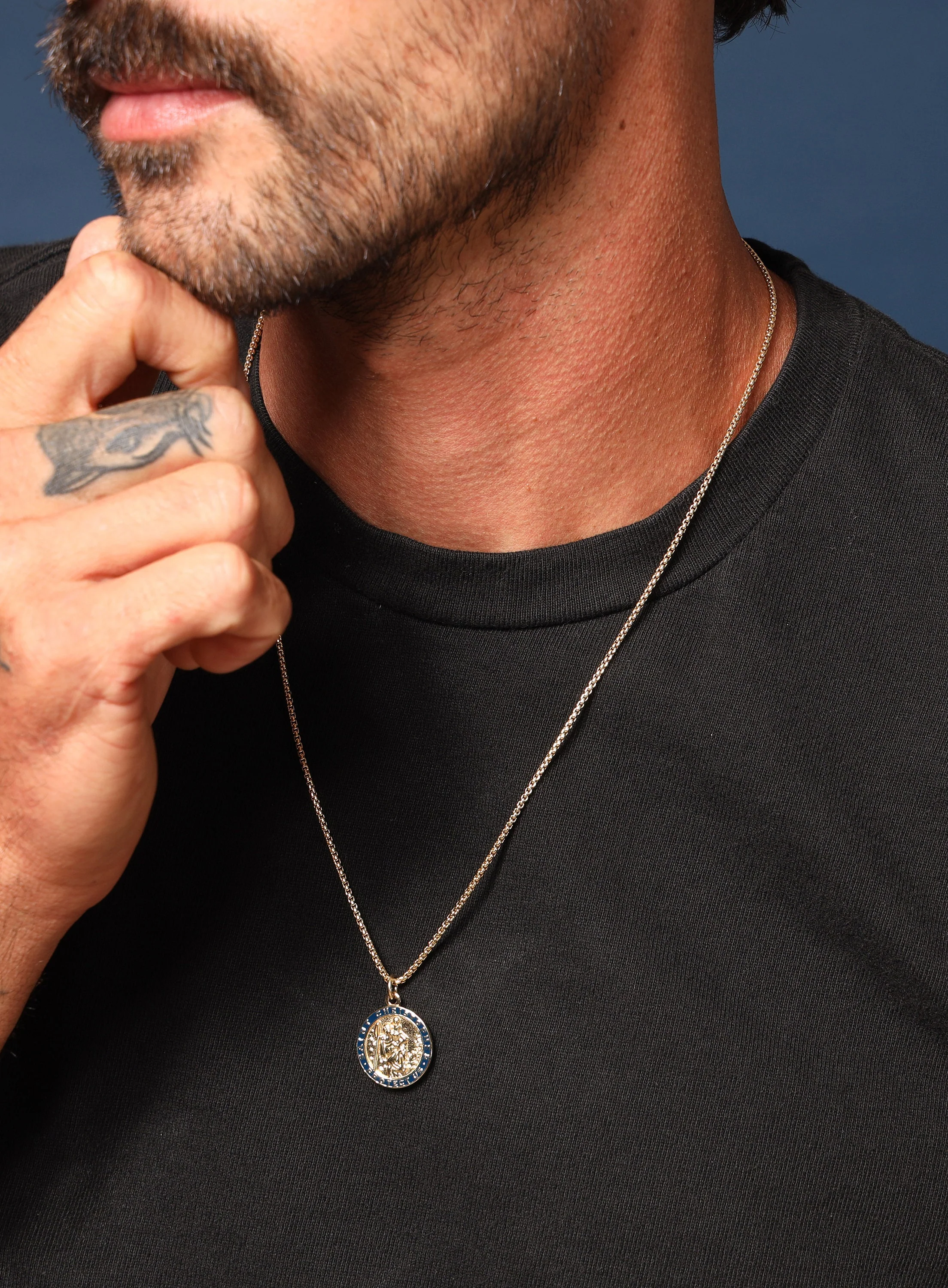 Gold Saint Christopher Round Medal w/ dark navy enamel - Image 3