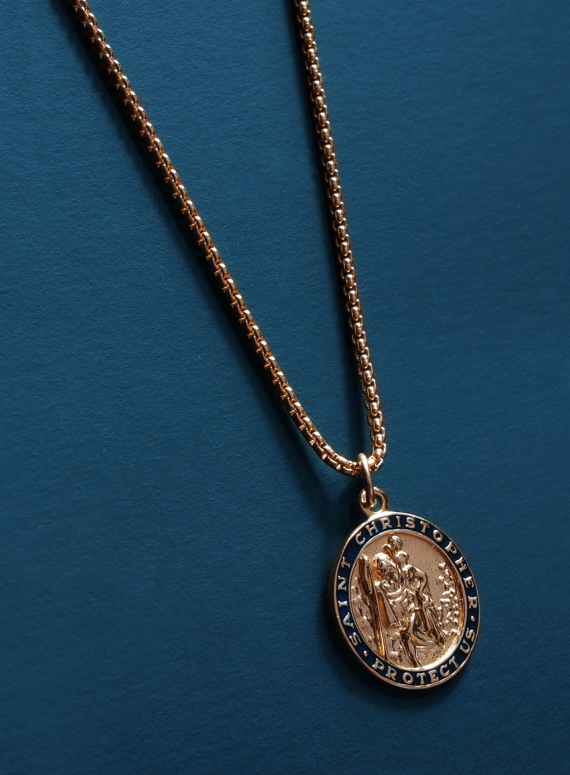 Gold Saint Christopher Round Medal w/ dark navy enamel - Image 4