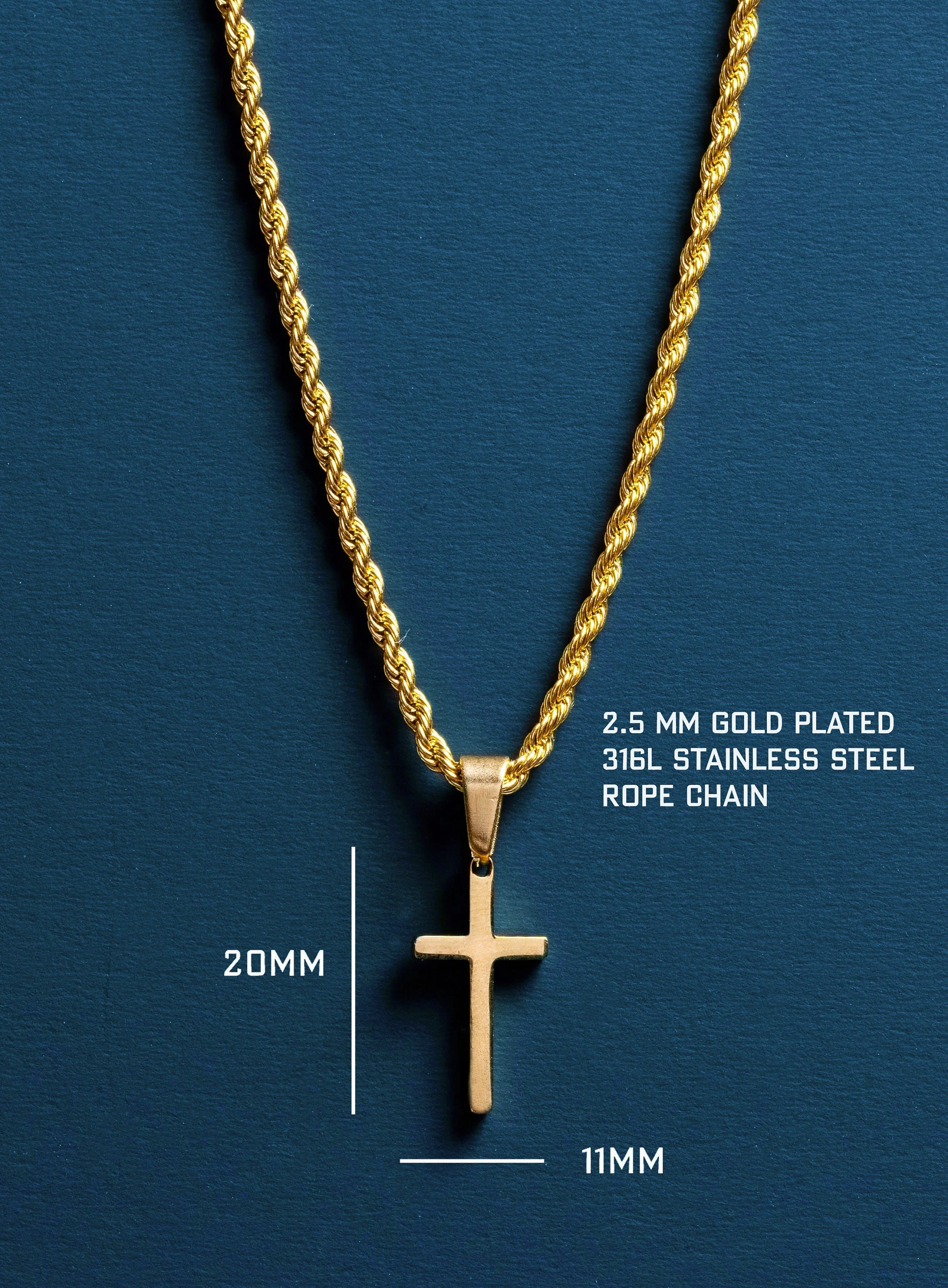Small Gold Cross Pendant on Rope chain