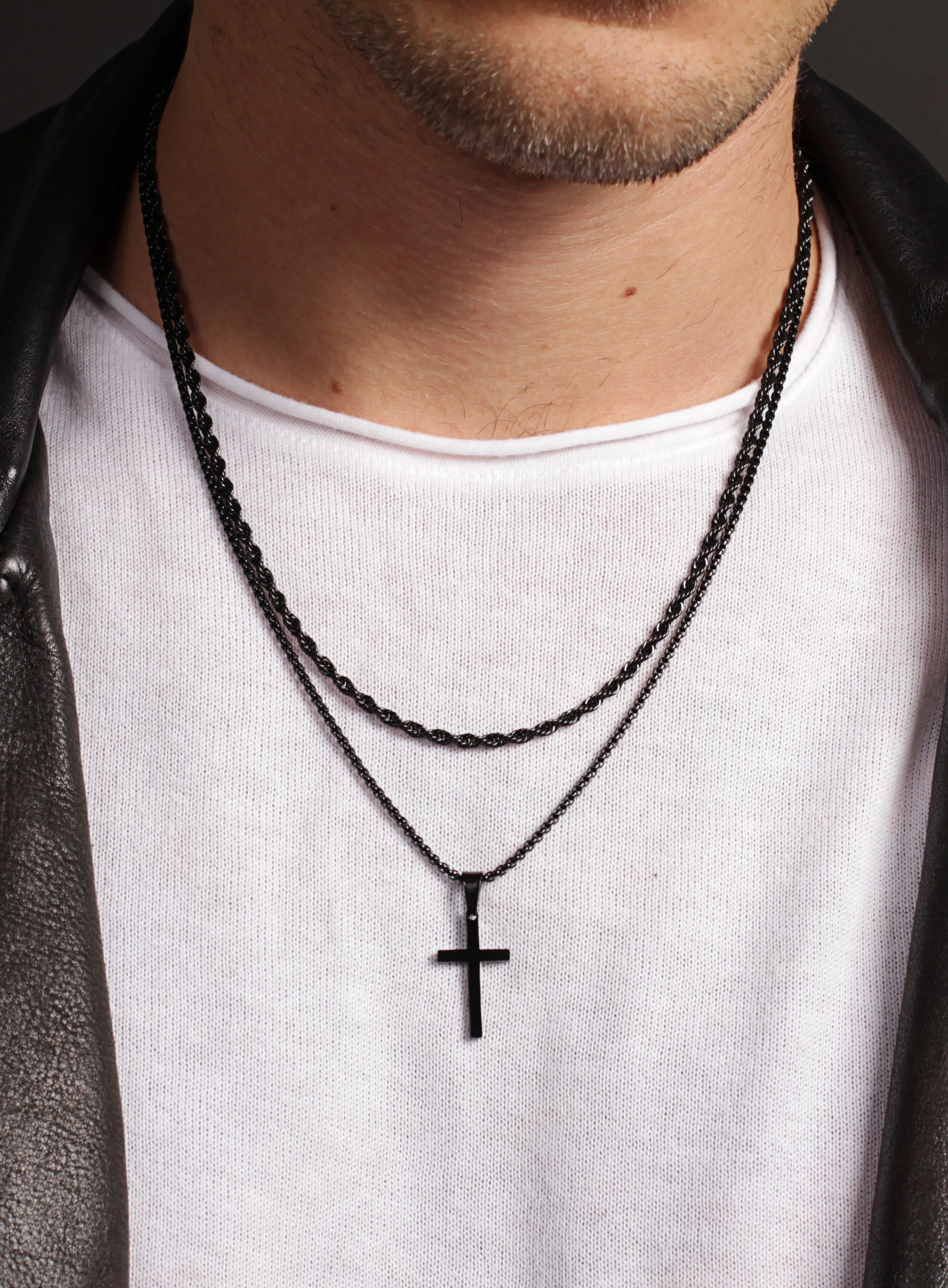 Necklace Set: Black Rope Chain and Medium Black Cross - Image 5
