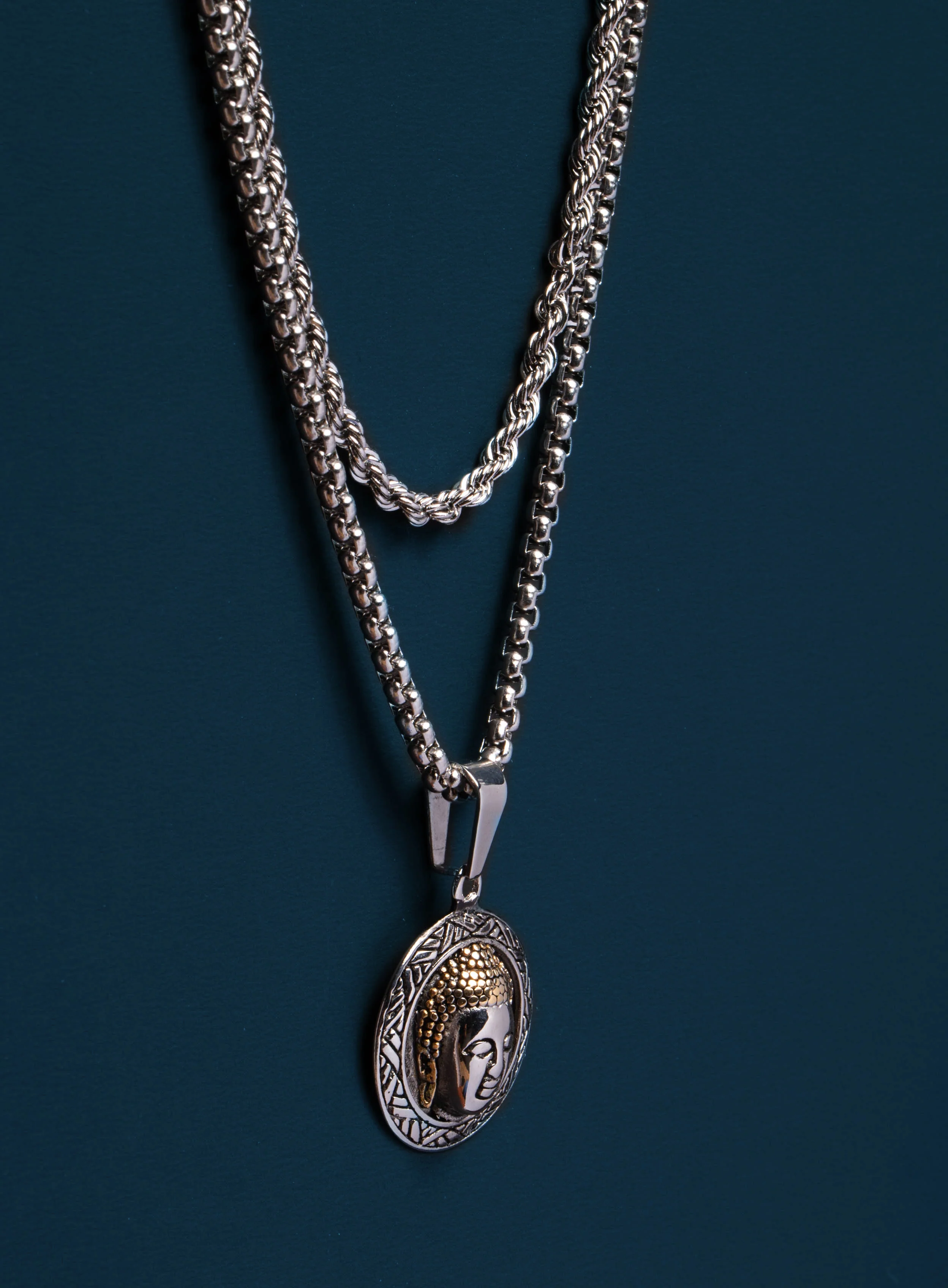 Necklace Set: Silver Rope Chain and Buddha Necklace - Image 3