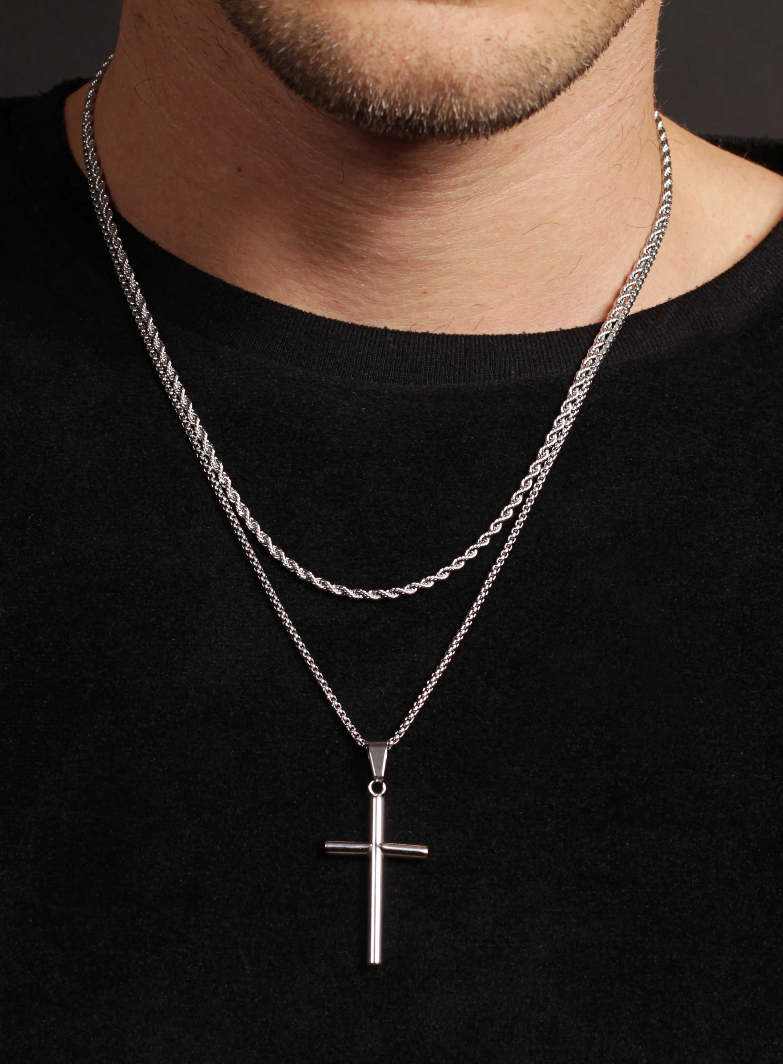 Necklace Set: Silver Rope Chain and Silver Bamboo Cross Necklace - Image 5