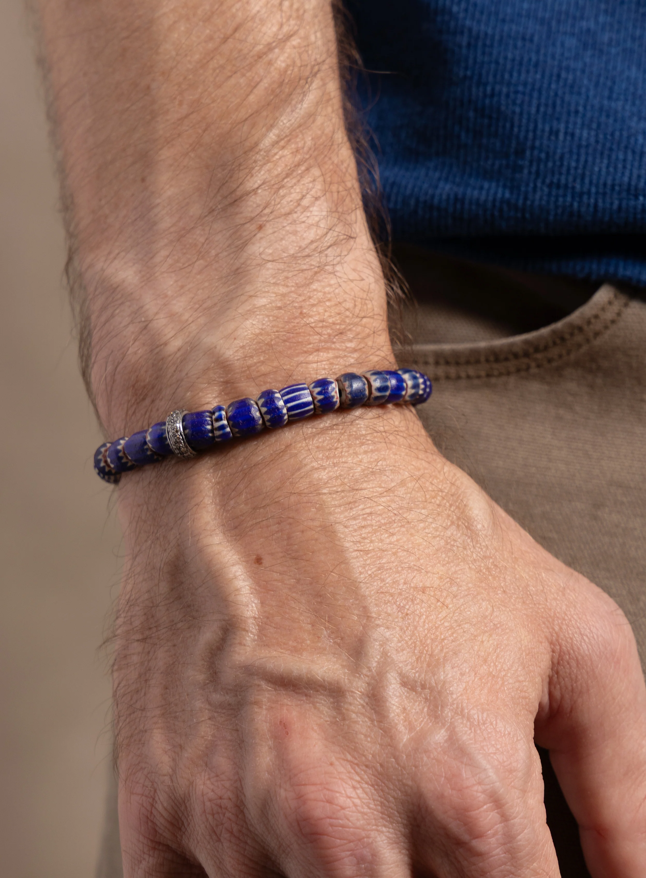 One-of-a-kind Diamond + African Blue Chevron Bead Bracelet - Image 3