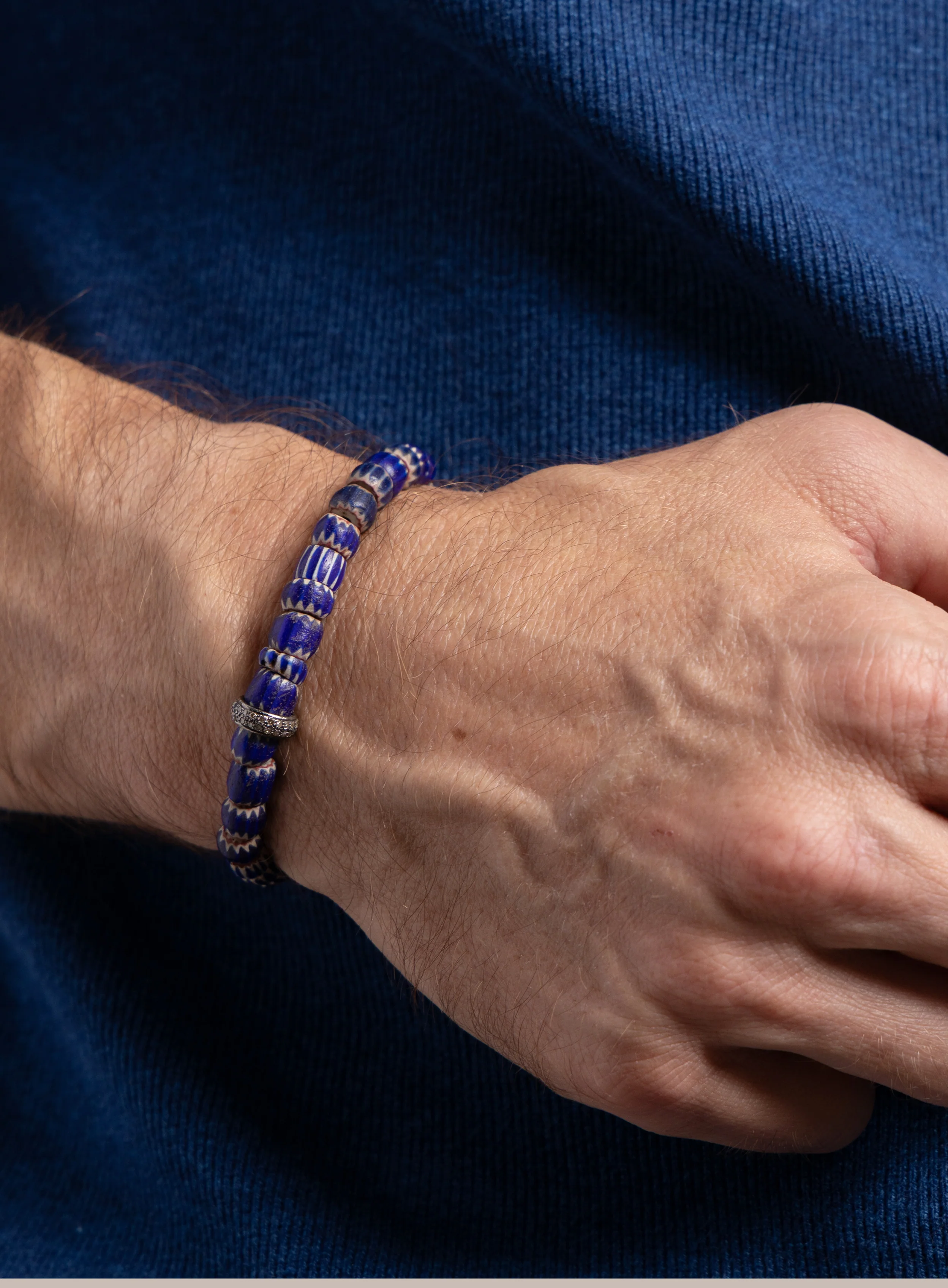 One-of-a-kind Diamond + African Blue Chevron Bead Bracelet - Image 4