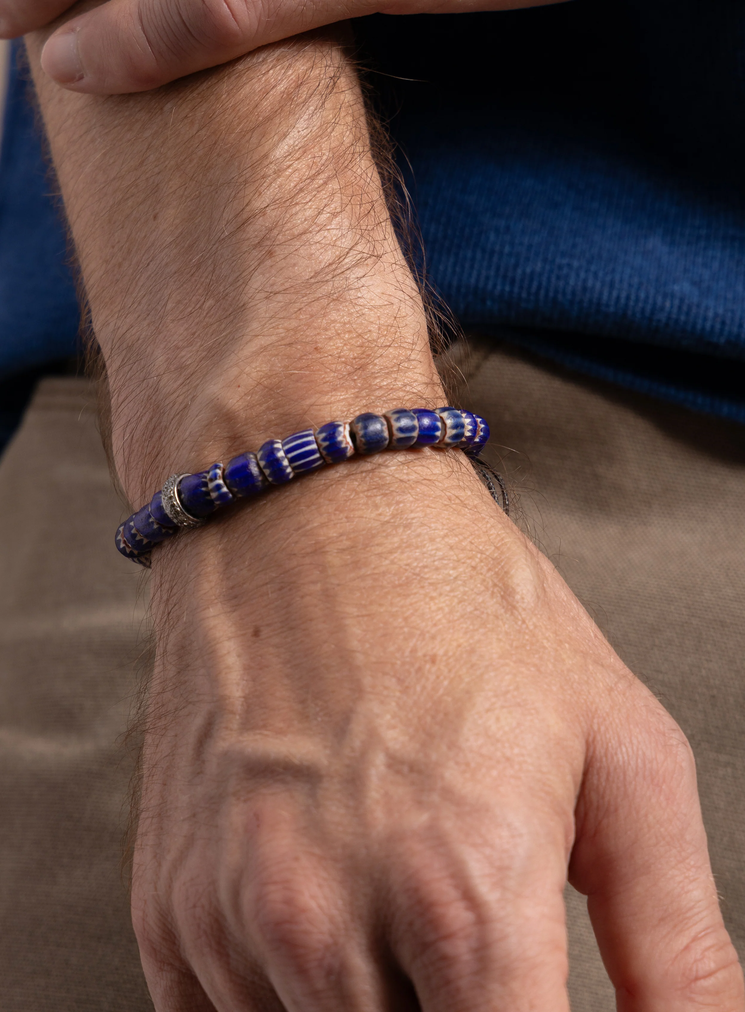 One-of-a-kind Diamond + African Blue Chevron Bead Bracelet - Image 6