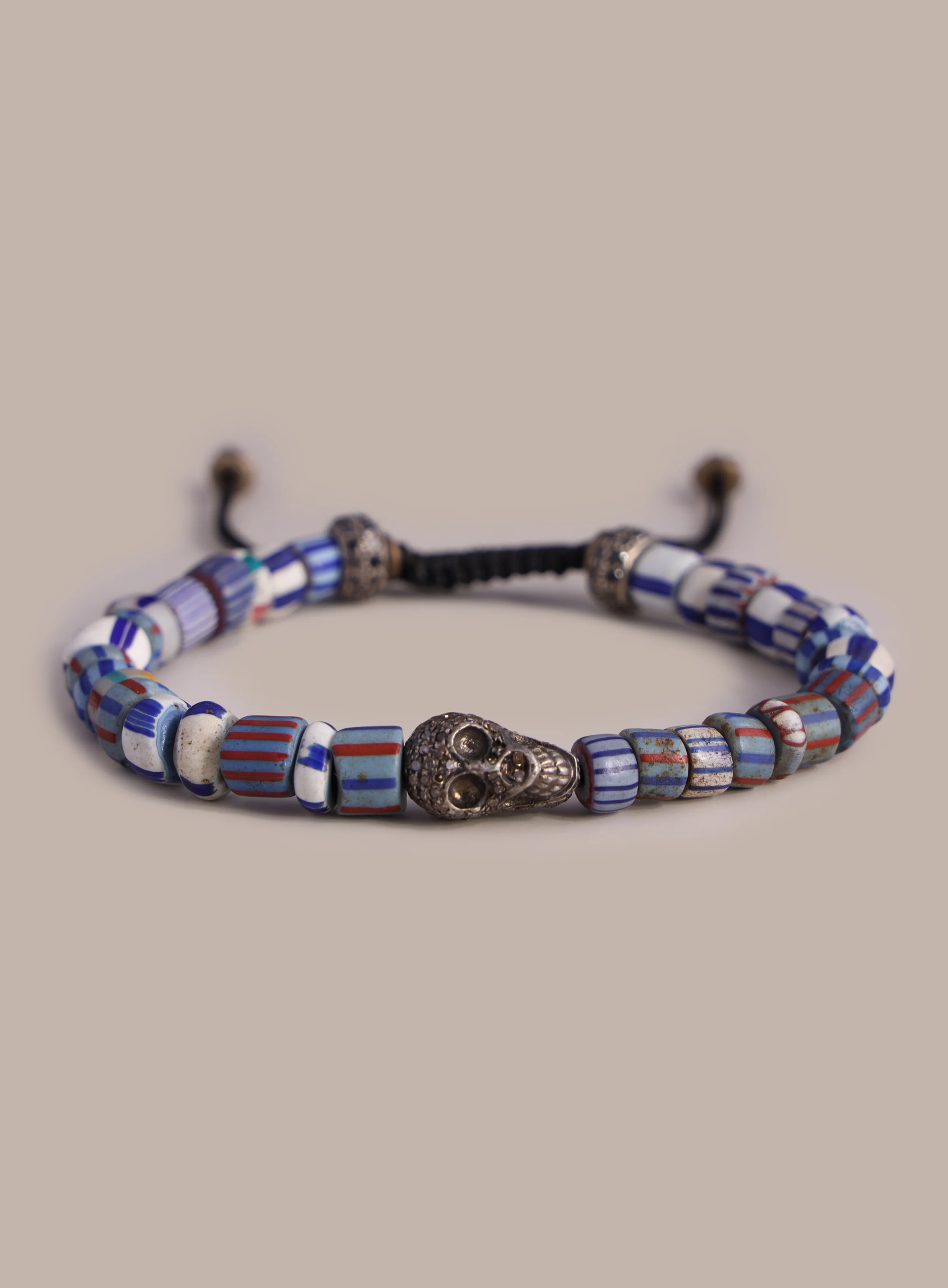 One-of-a-kind Skull Diamond + African Blue Chevron Bead Bracelet