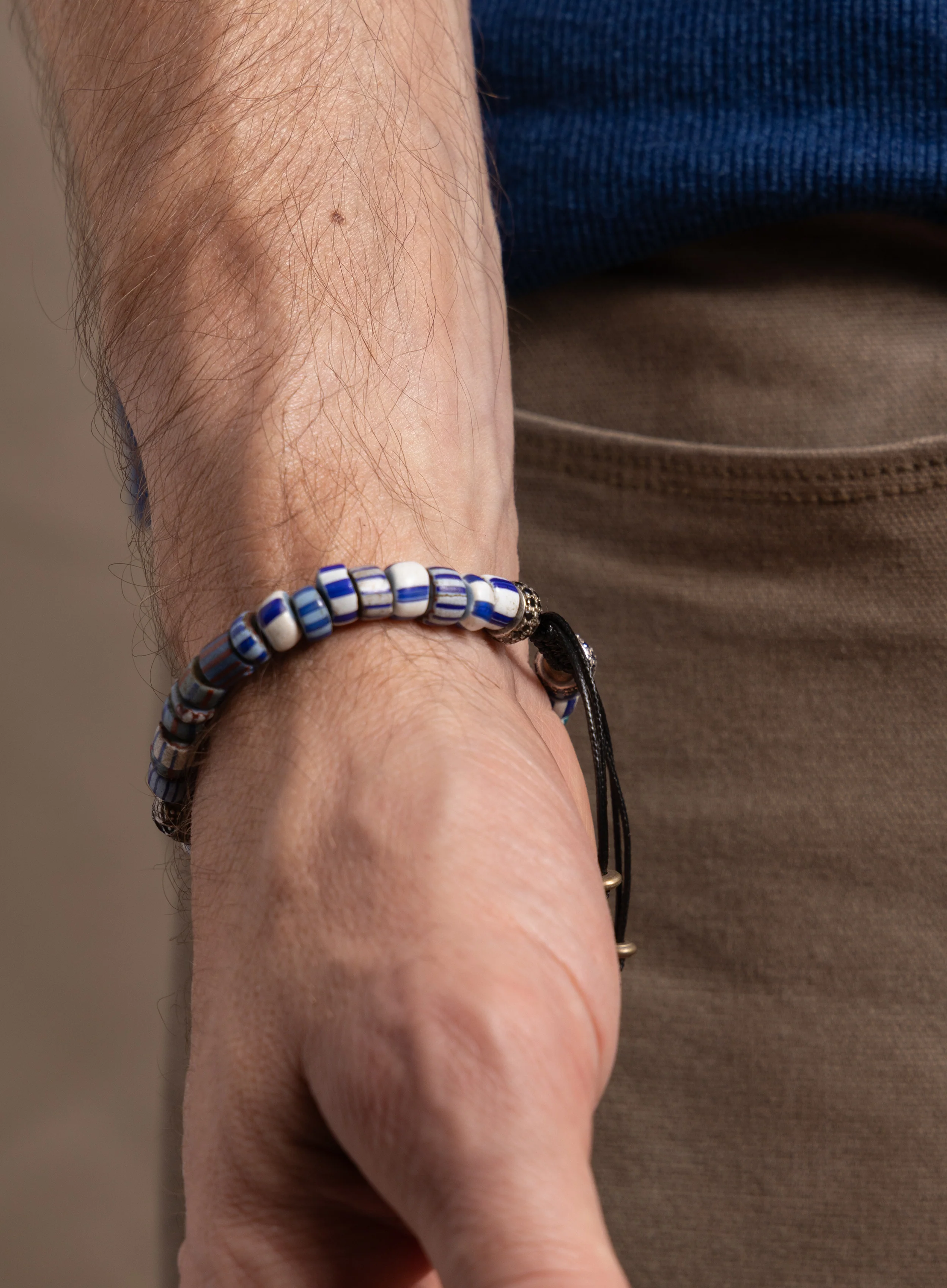 One-of-a-kind Skull Diamond + African Blue Chevron Bead Bracelet - Image 4