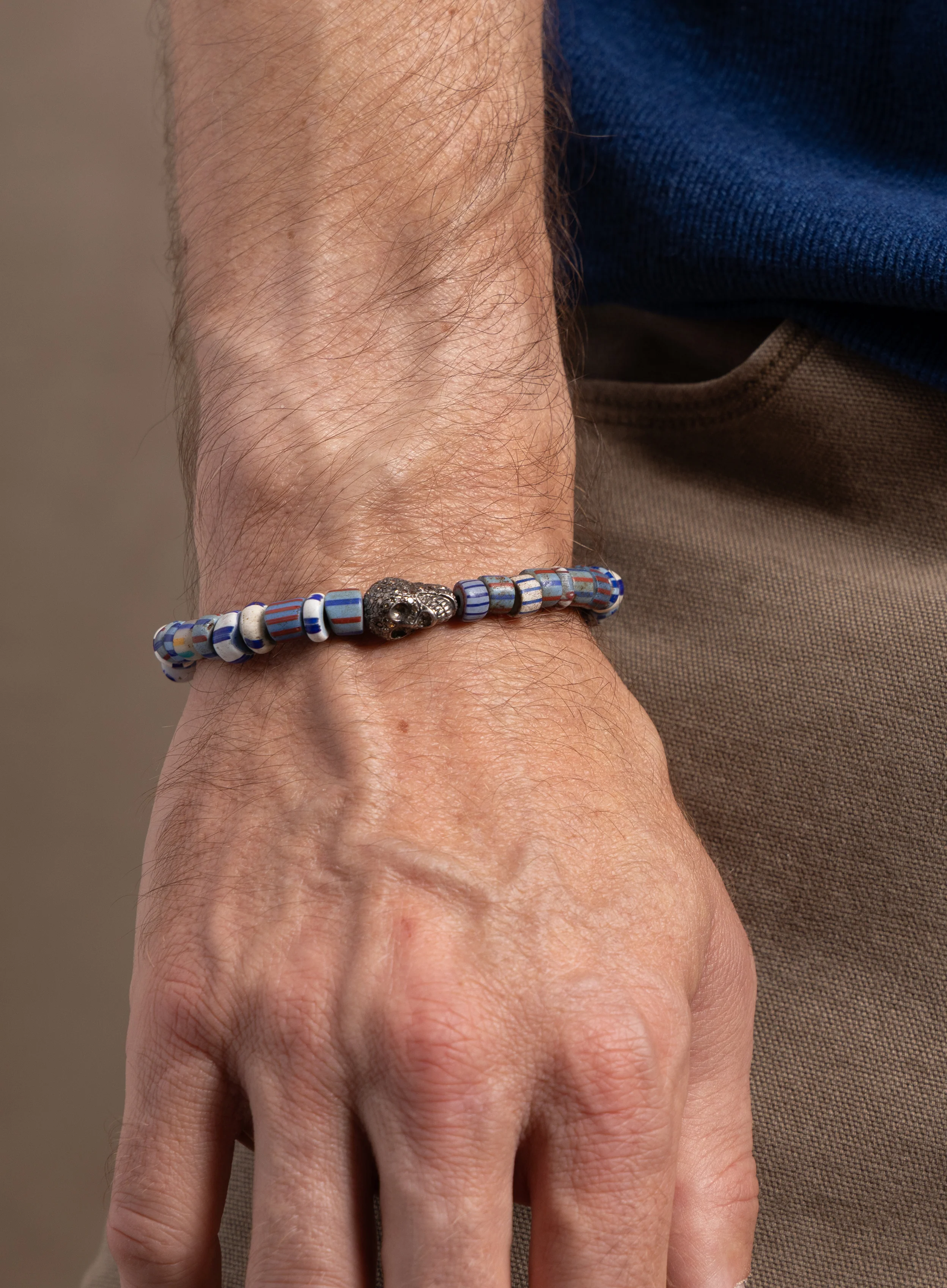 One-of-a-kind Skull Diamond + African Blue Chevron Bead Bracelet - Image 6