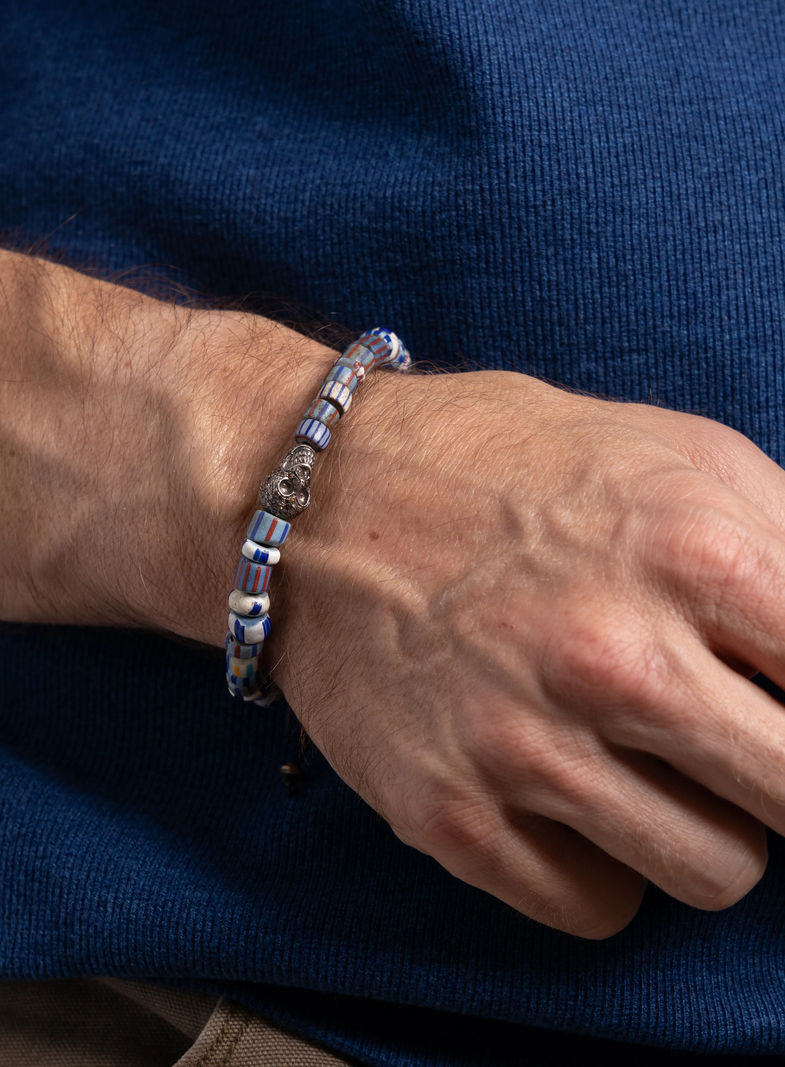 One-of-a-kind Skull Diamond + African Blue Chevron Bead Bracelet - Image 7