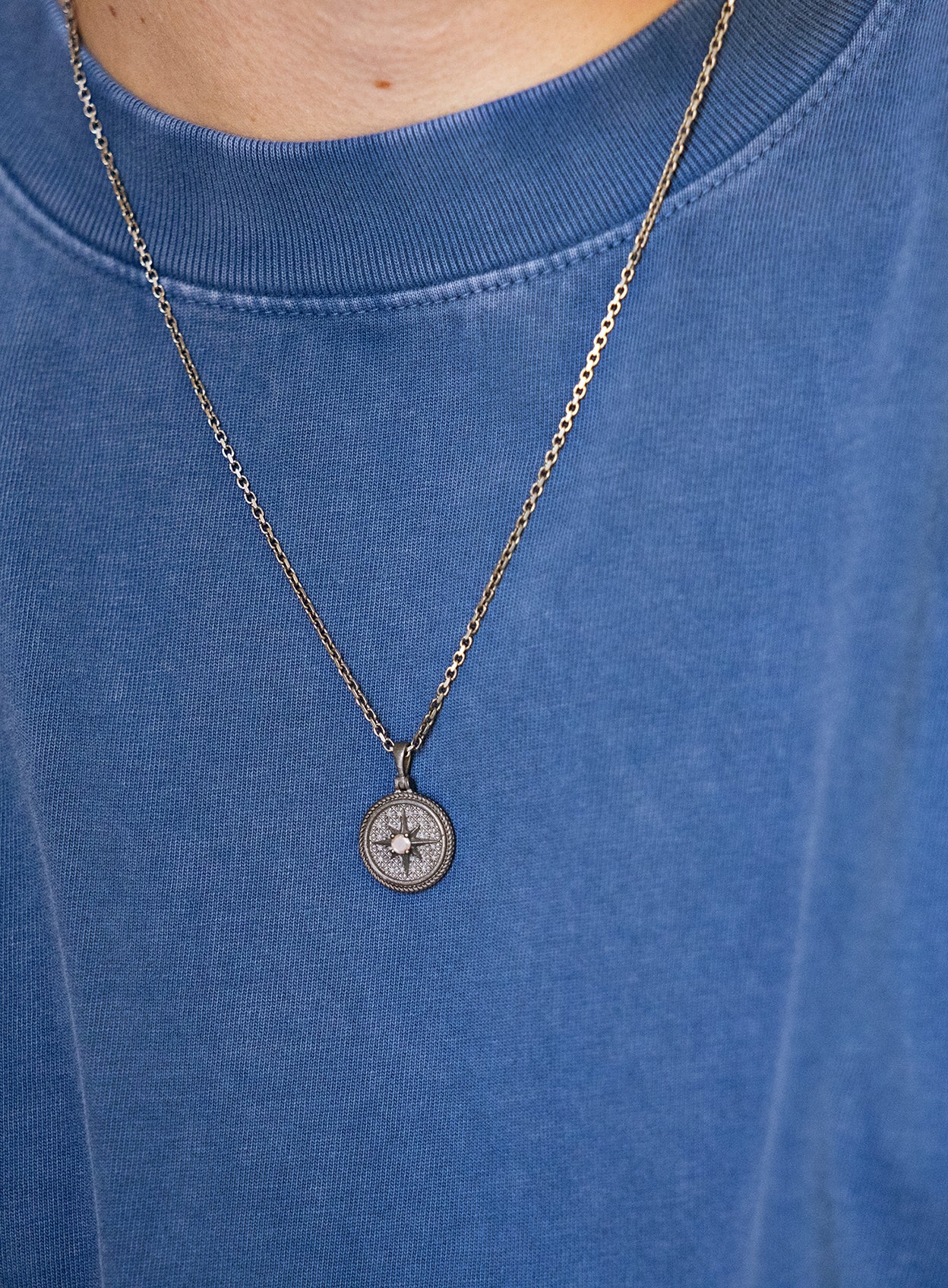 Oxidized Sterling Silver Compass Pendant Necklace for Men - Image 3