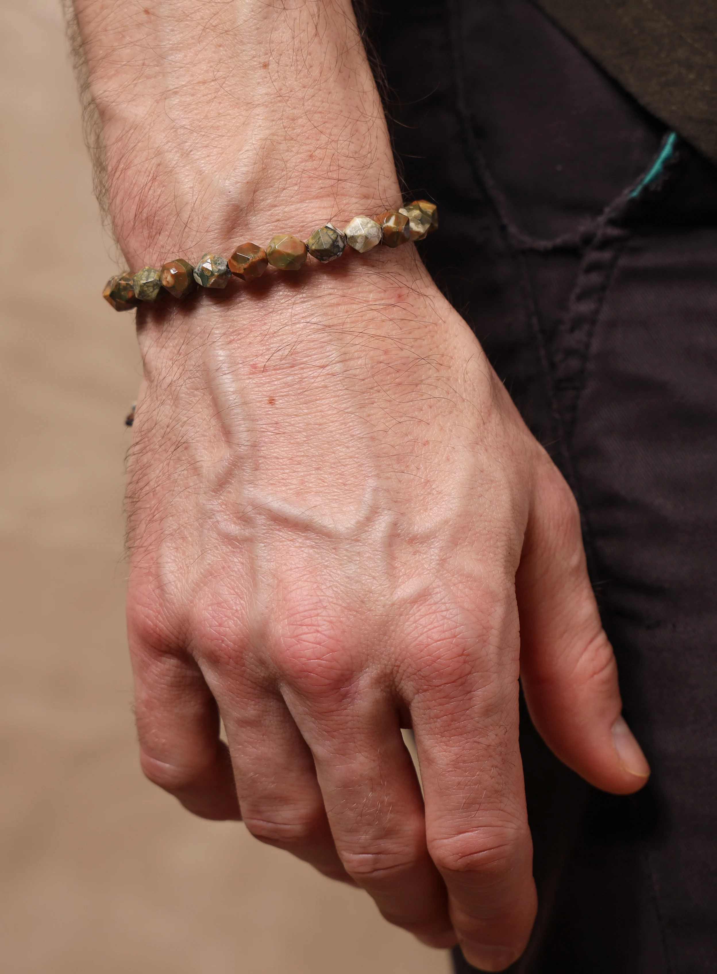 Rhyolite and Sterling Silver Geometric Bead Bracelet for Men - Image 3