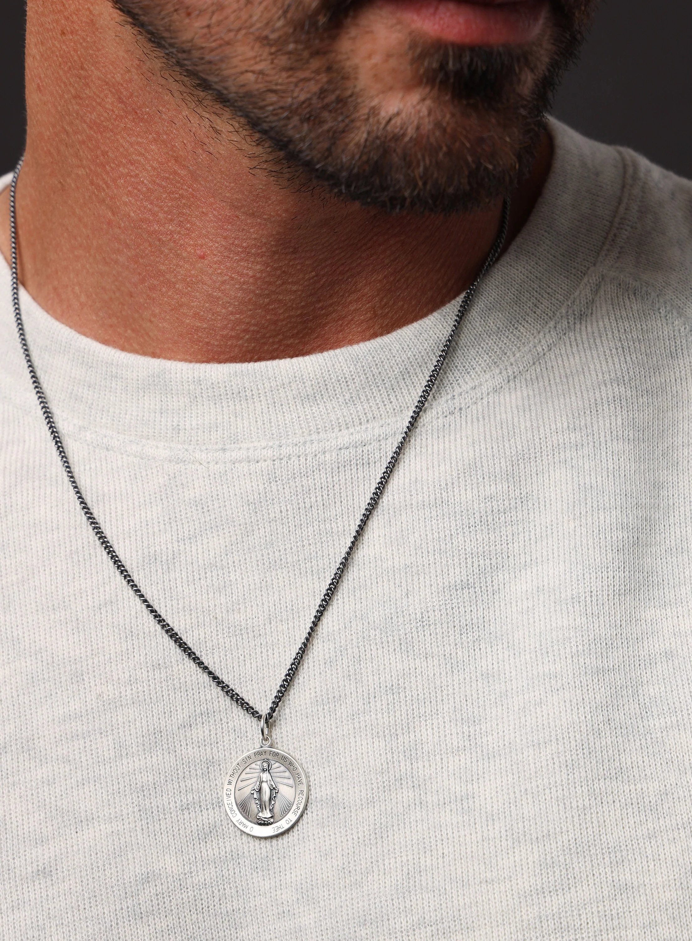 Sterling Silver Round Miraculous Medal Necklace for Men - Image 3