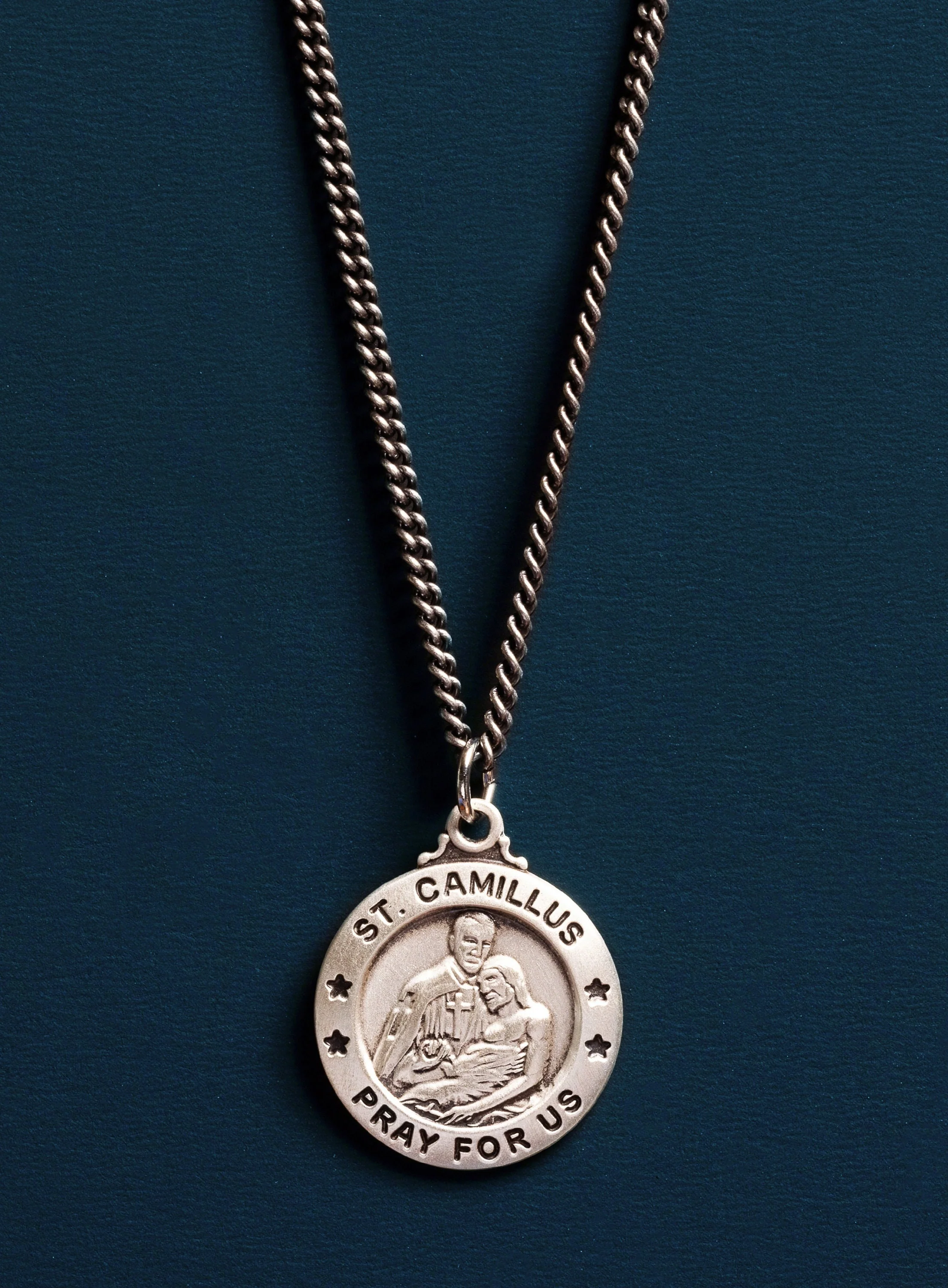 Saint Camillus Round Medal in Oxidized Sterling Silver for Men