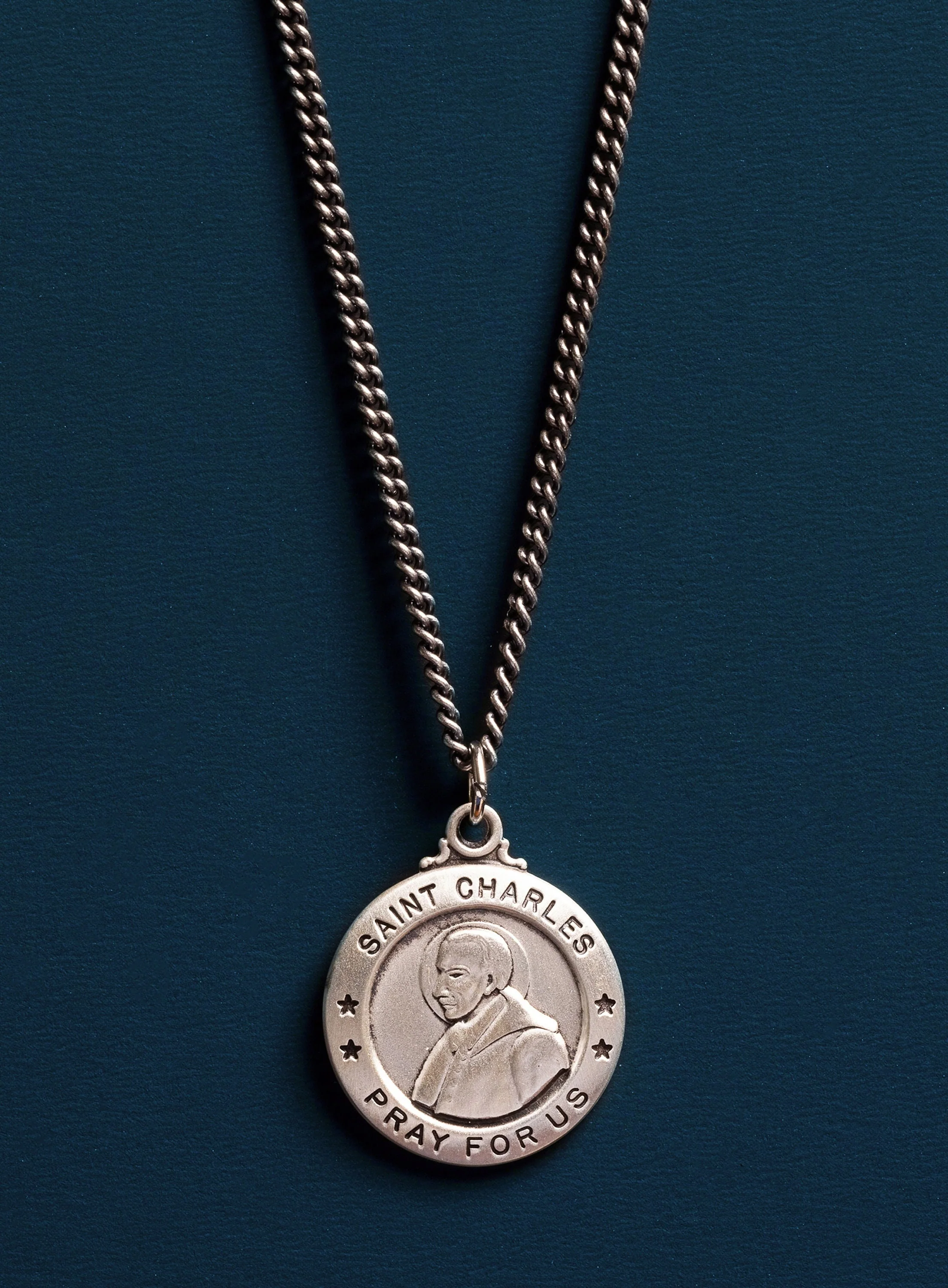 Saint Charles Sterling Silver Medal Pendant Necklace for Man