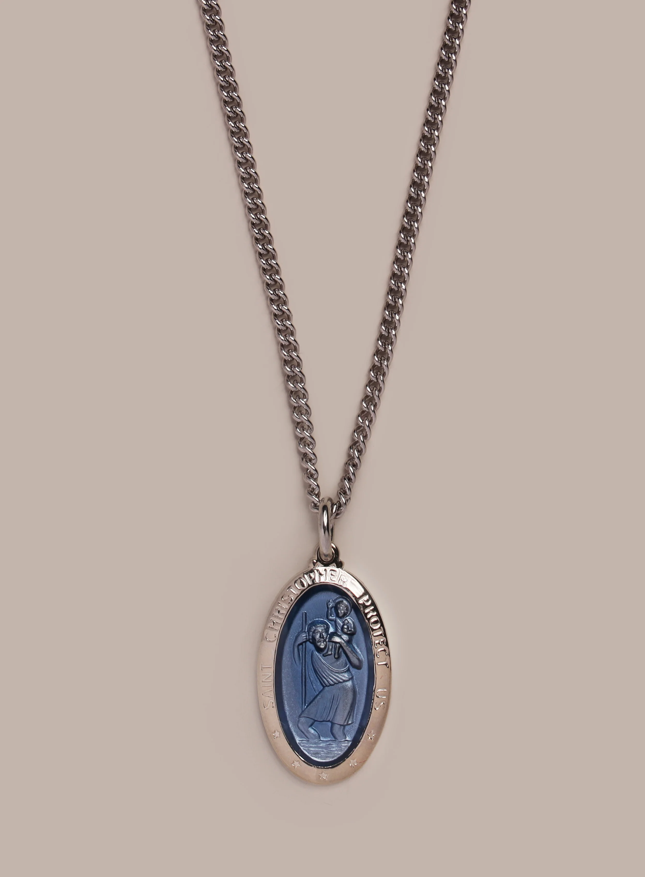 Saint Christopher Pendant with Blue Enamel on Sterling Silver Rhodium Chain