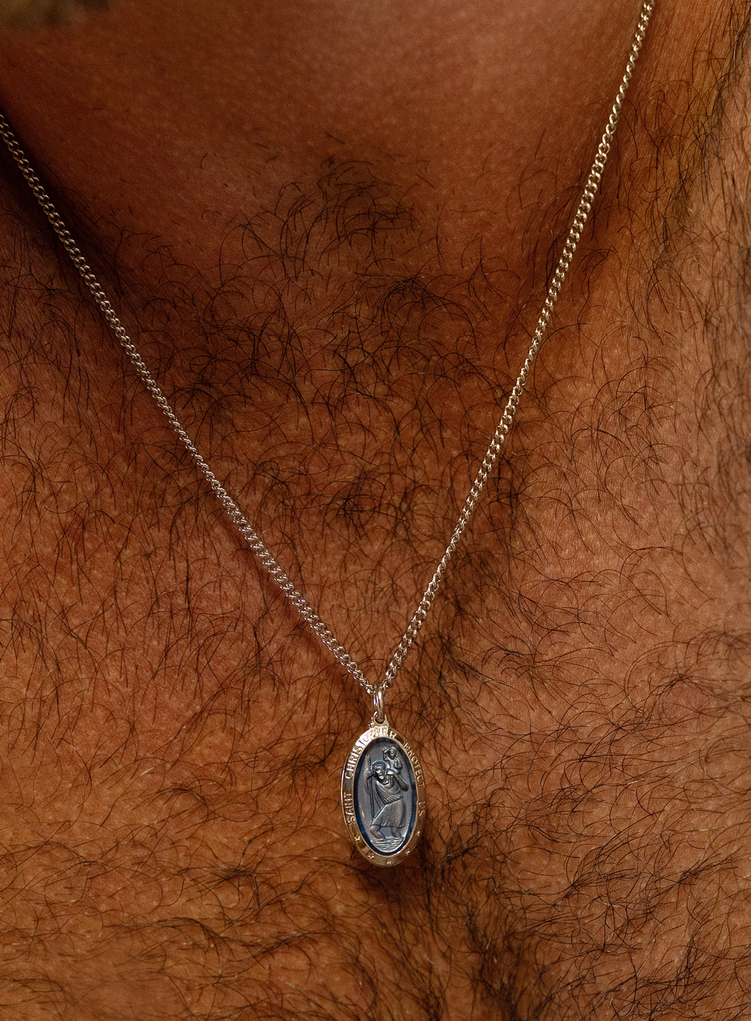 Saint Christopher Pendant with Blue Enamel on Sterling Silver Rhodium Chain - Image 3
