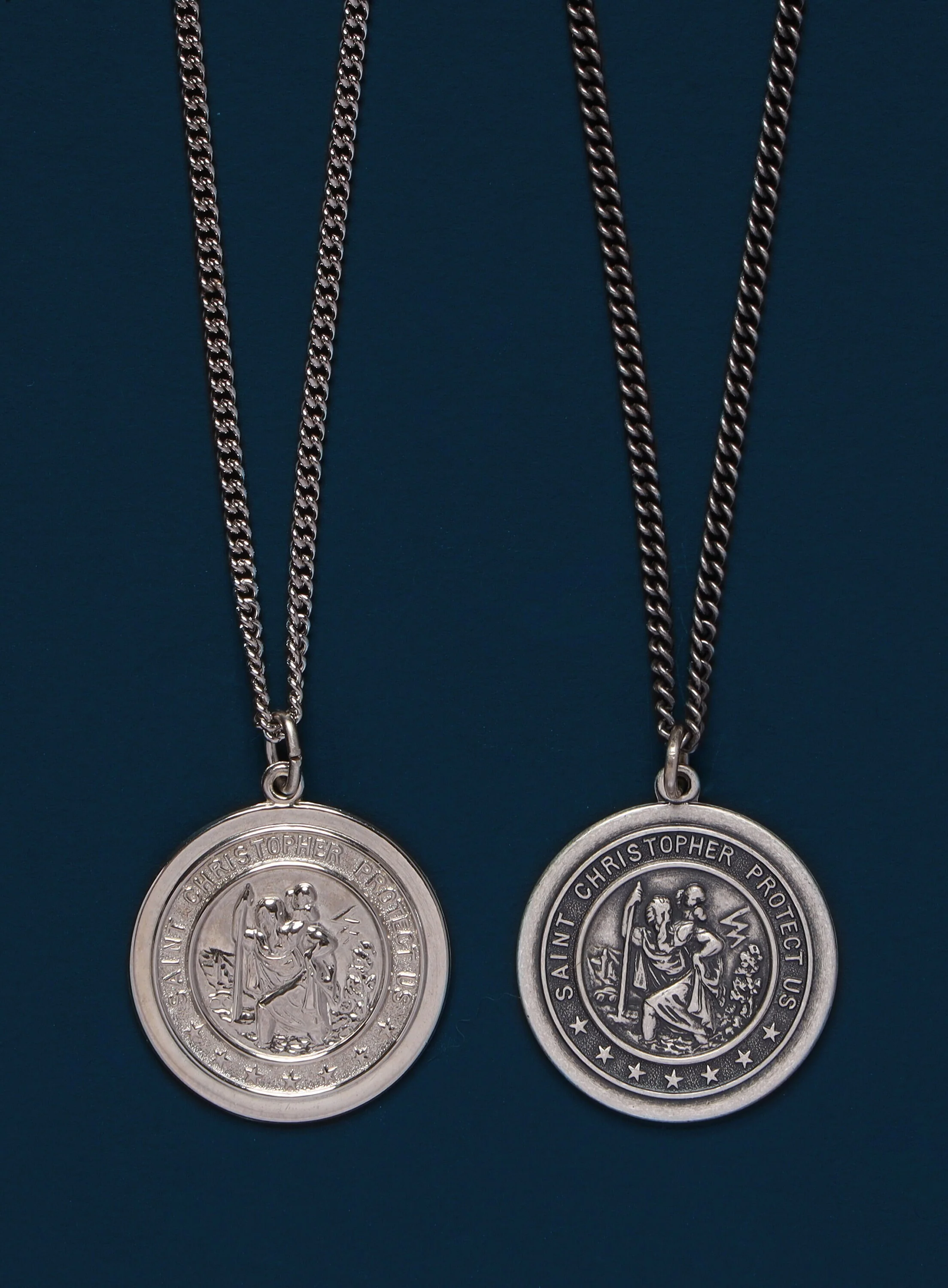 Saint Christopher Sterling Silver Round Medium Size Pendant Necklace