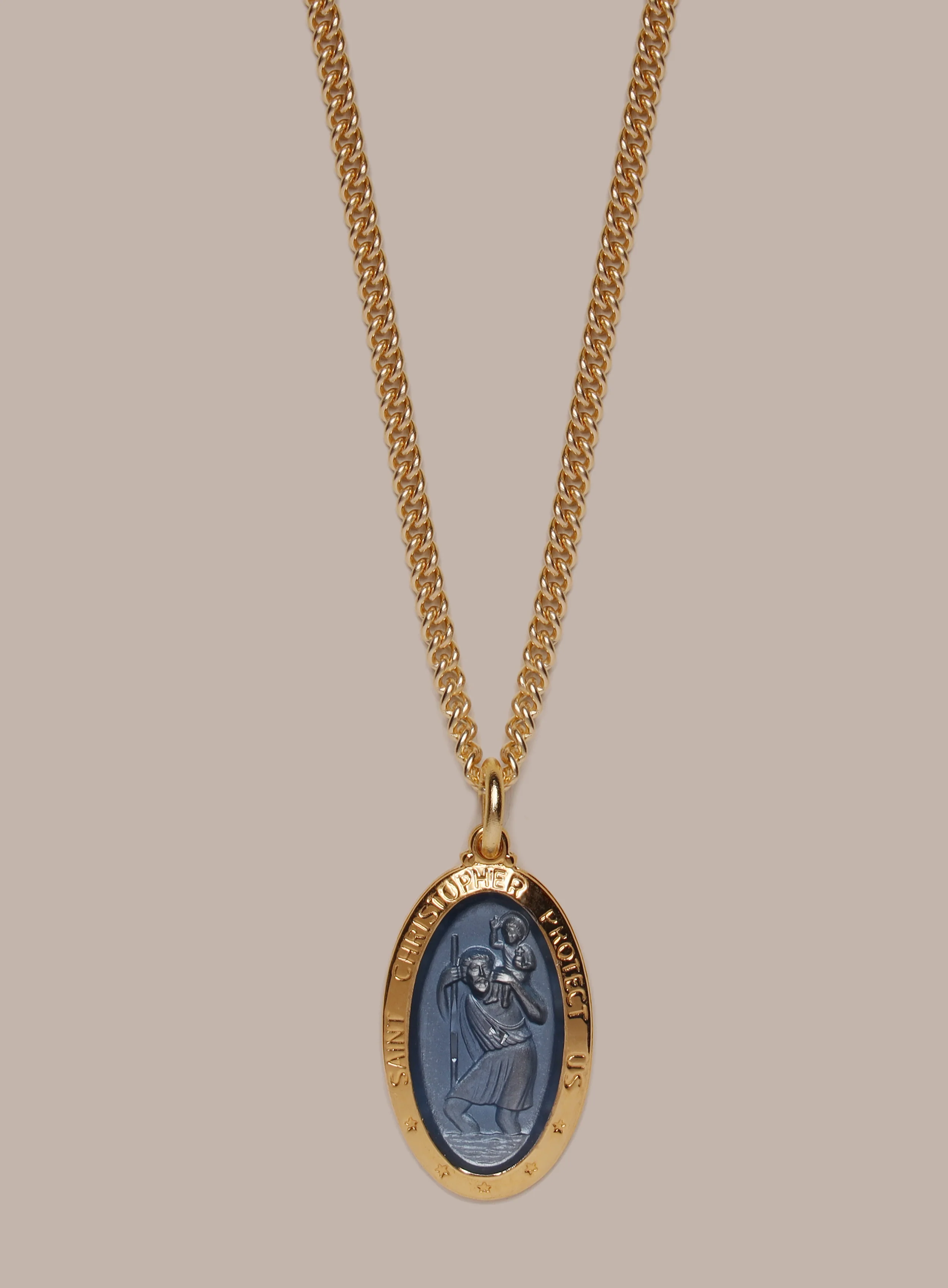 Saint Christopher Pendant with Blue Enamel on 14k Gold Filled Chain - Image 2