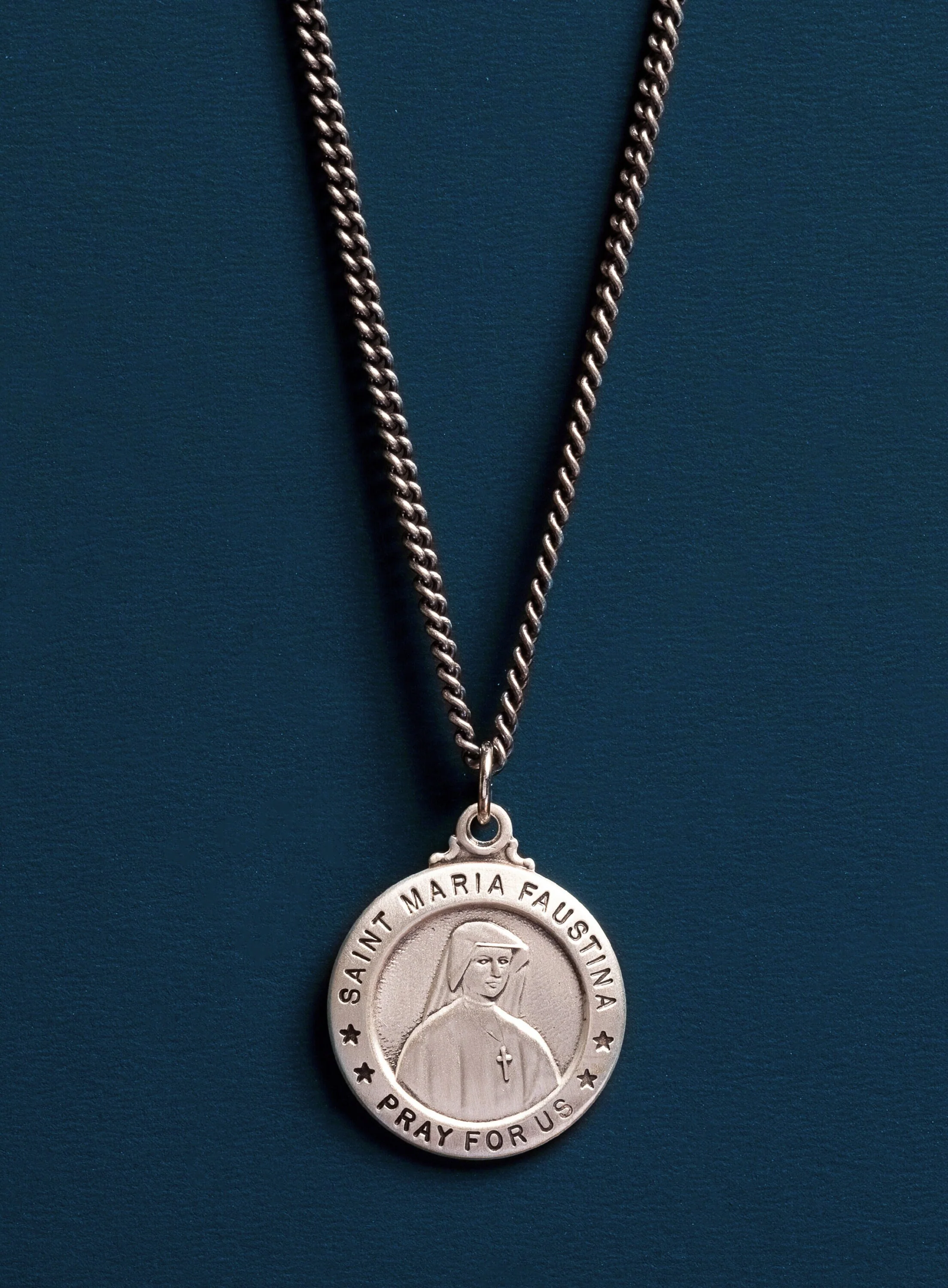 Saint Maria Faustina Round Sterling Silver Pendant Necklace for Men