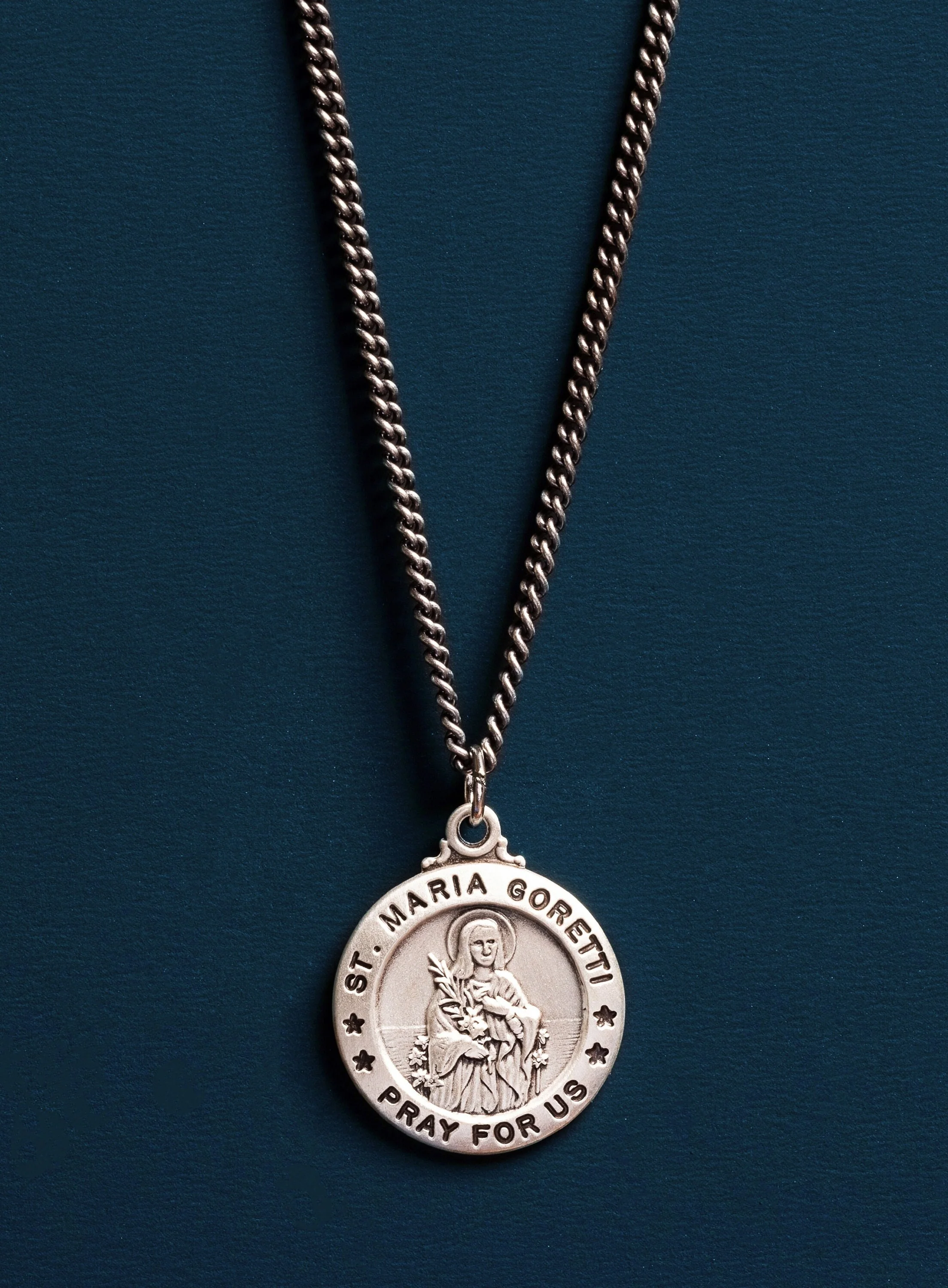 Saint Maria Goretti 925 Oxidized Sterling Silver Necklace for Men