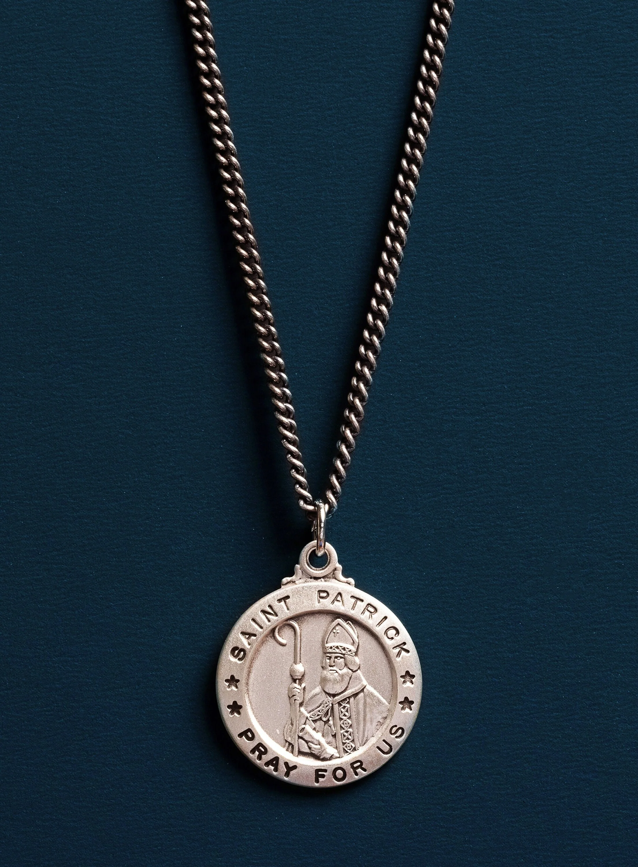 Saint Patrick Men's Sterling Silver Medal and Curb Chain Necklace