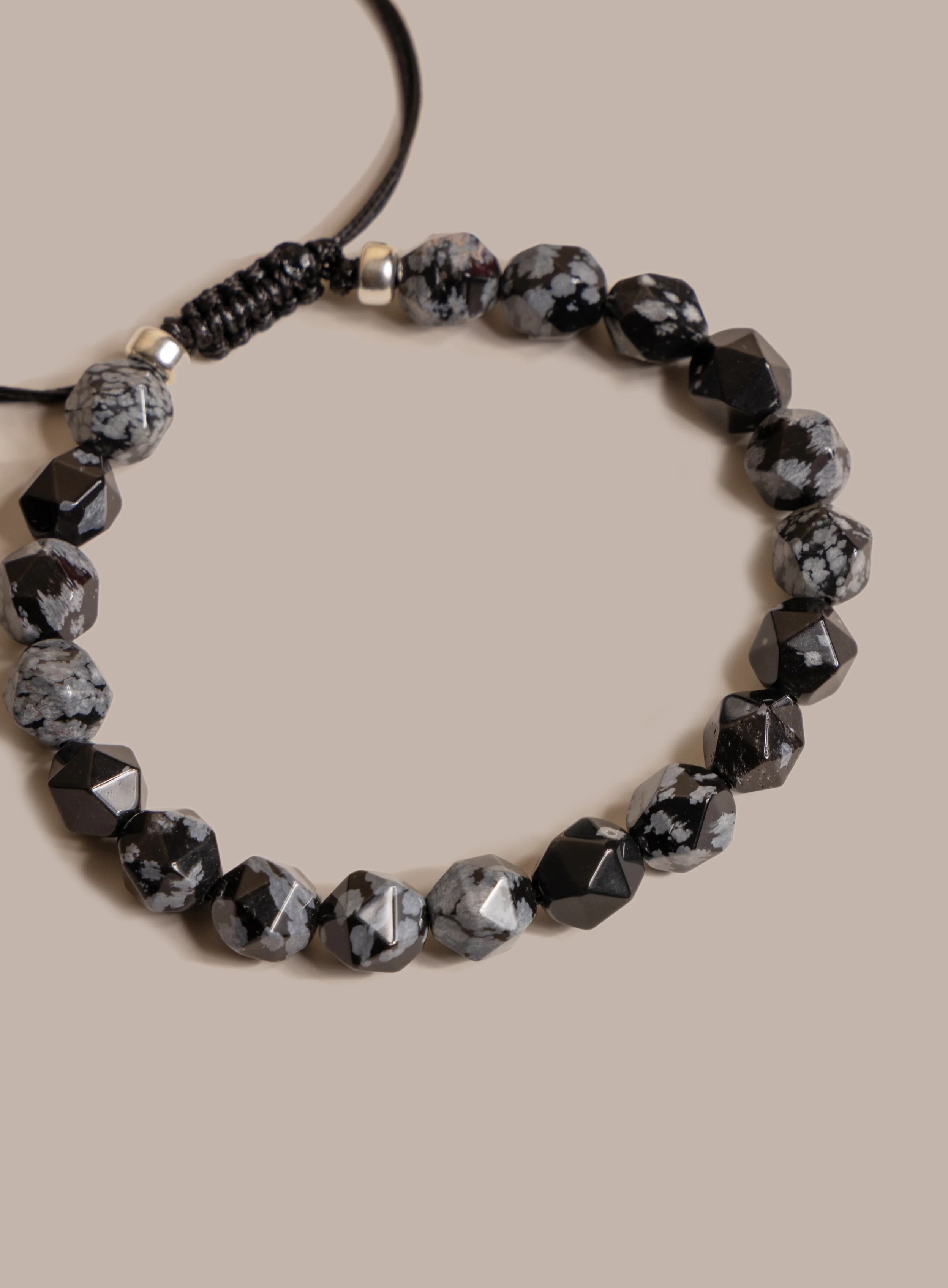 Snowflake Obsidian and Sterling Silver Men's Bead Bracelet - Image 4