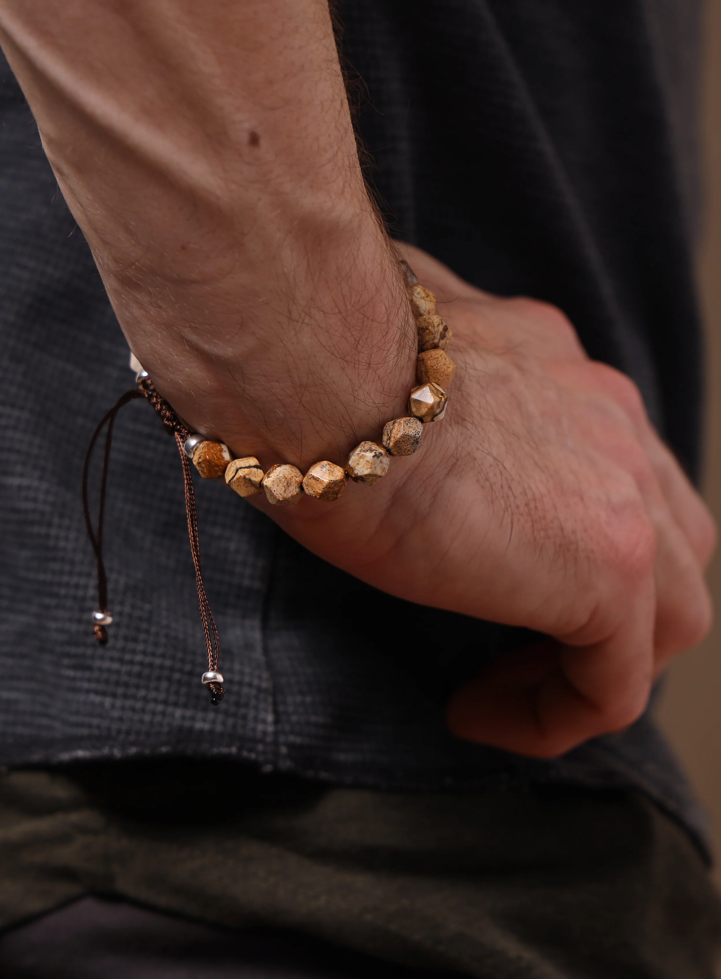 Sterling Silver and Picture Jasper Bead Bracelet for Men - Image 4