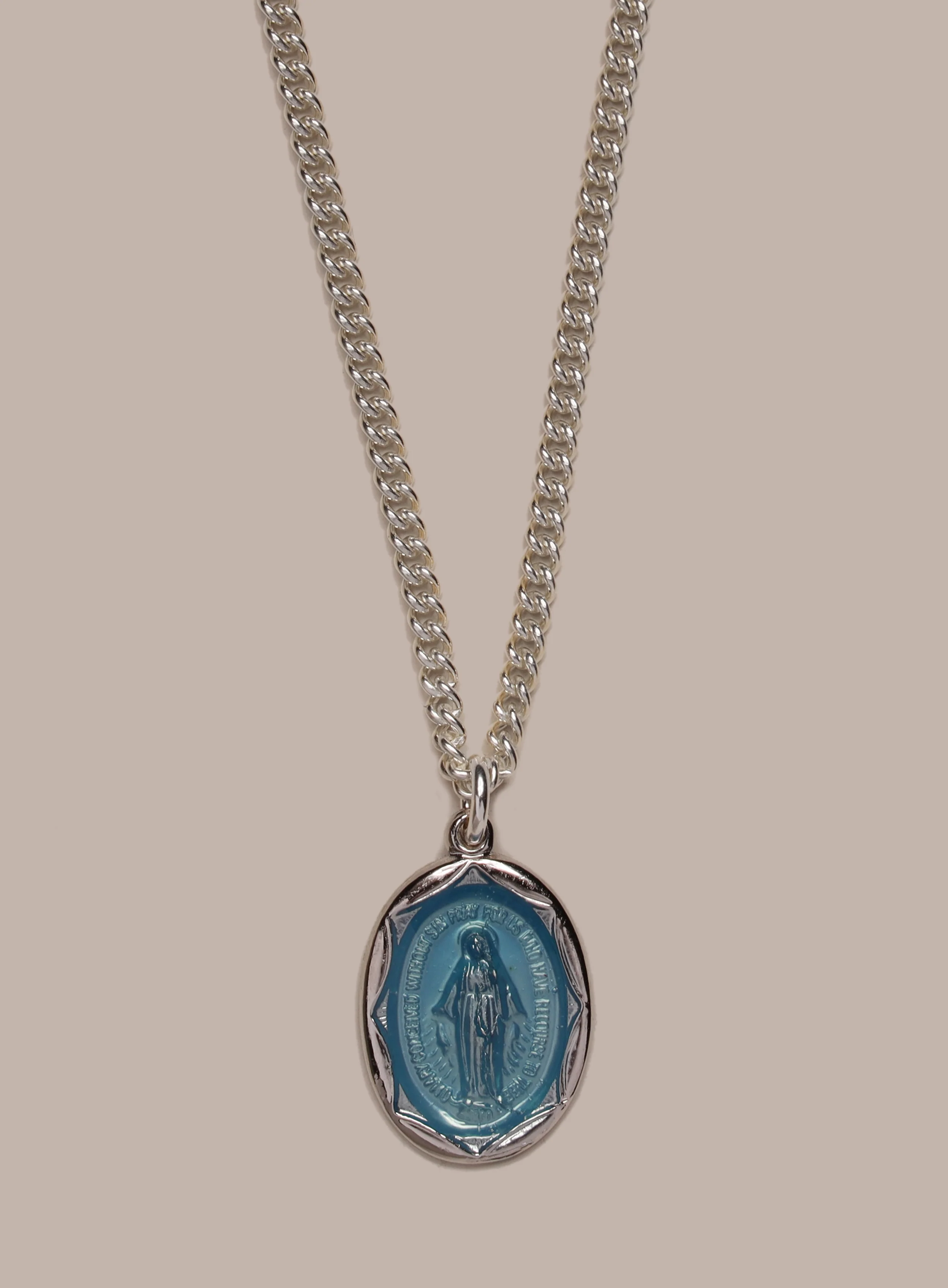 Sterling Silver Blue Enamel Miraculous Medal Oval Pendant Necklace for Men