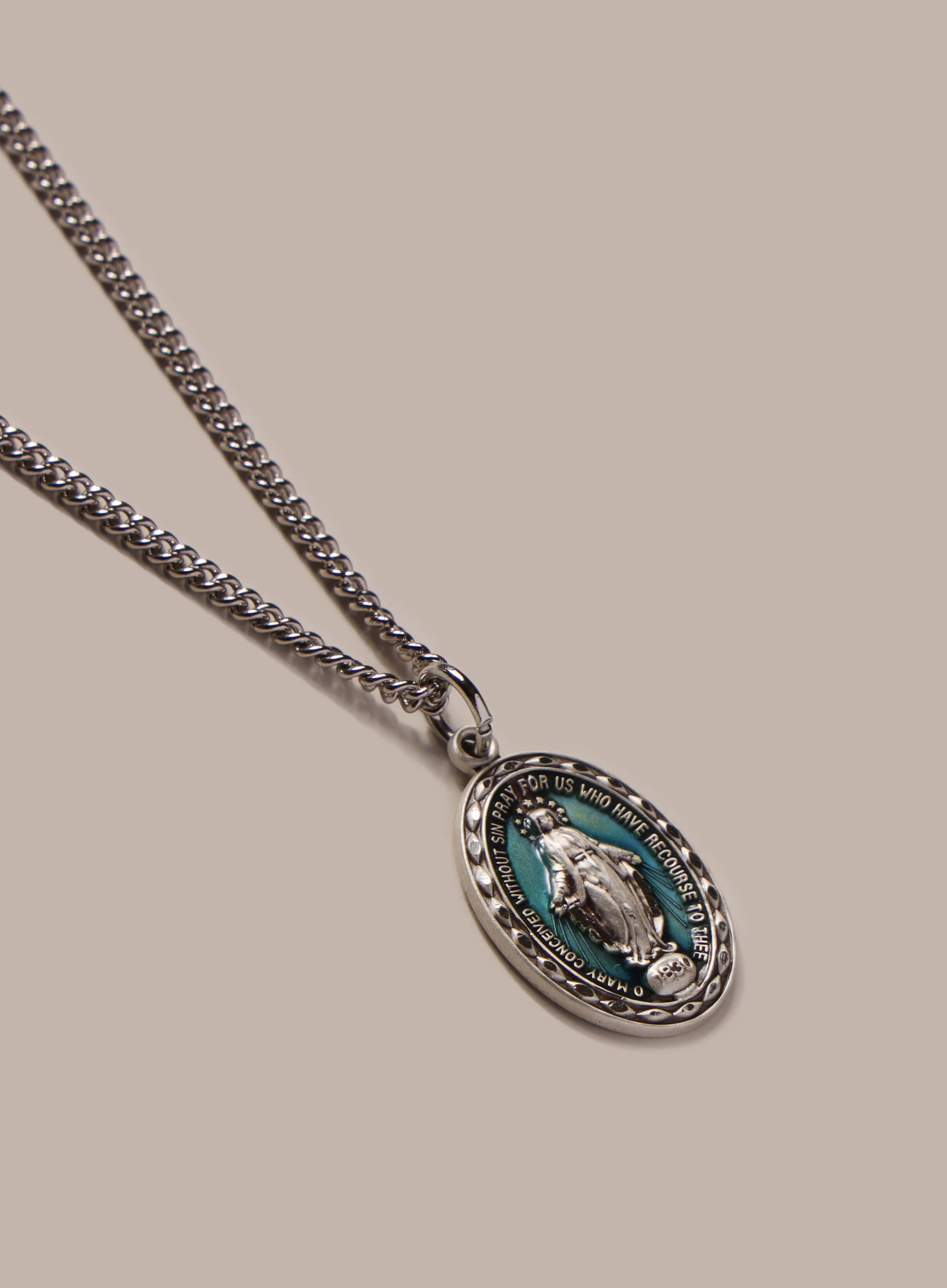 Sterling Silver Enamel Miraculous Medal Oval Pendant for Men - Image 3