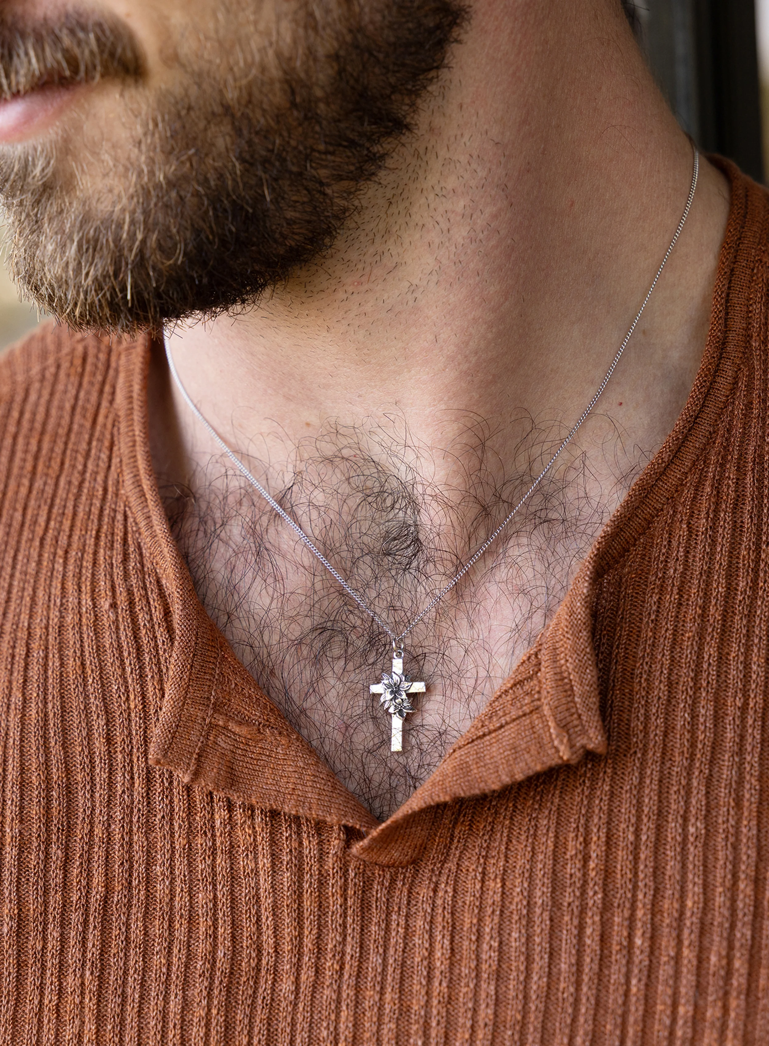 Sterling Silver Small Cross with Flowers Pendant Necklace for Men