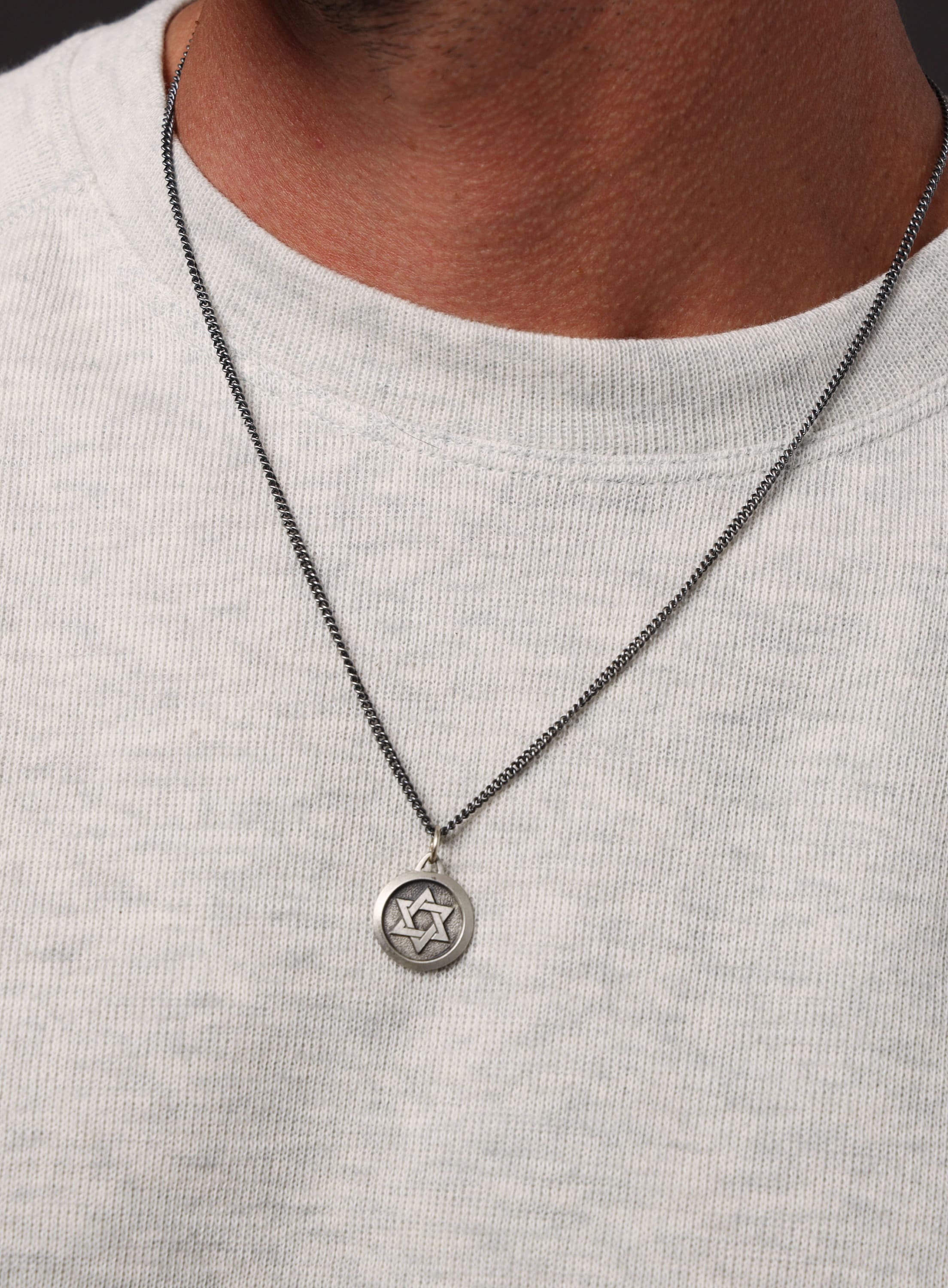 Sterling Silver Star of David Round Medal Necklace for Men - Image 3