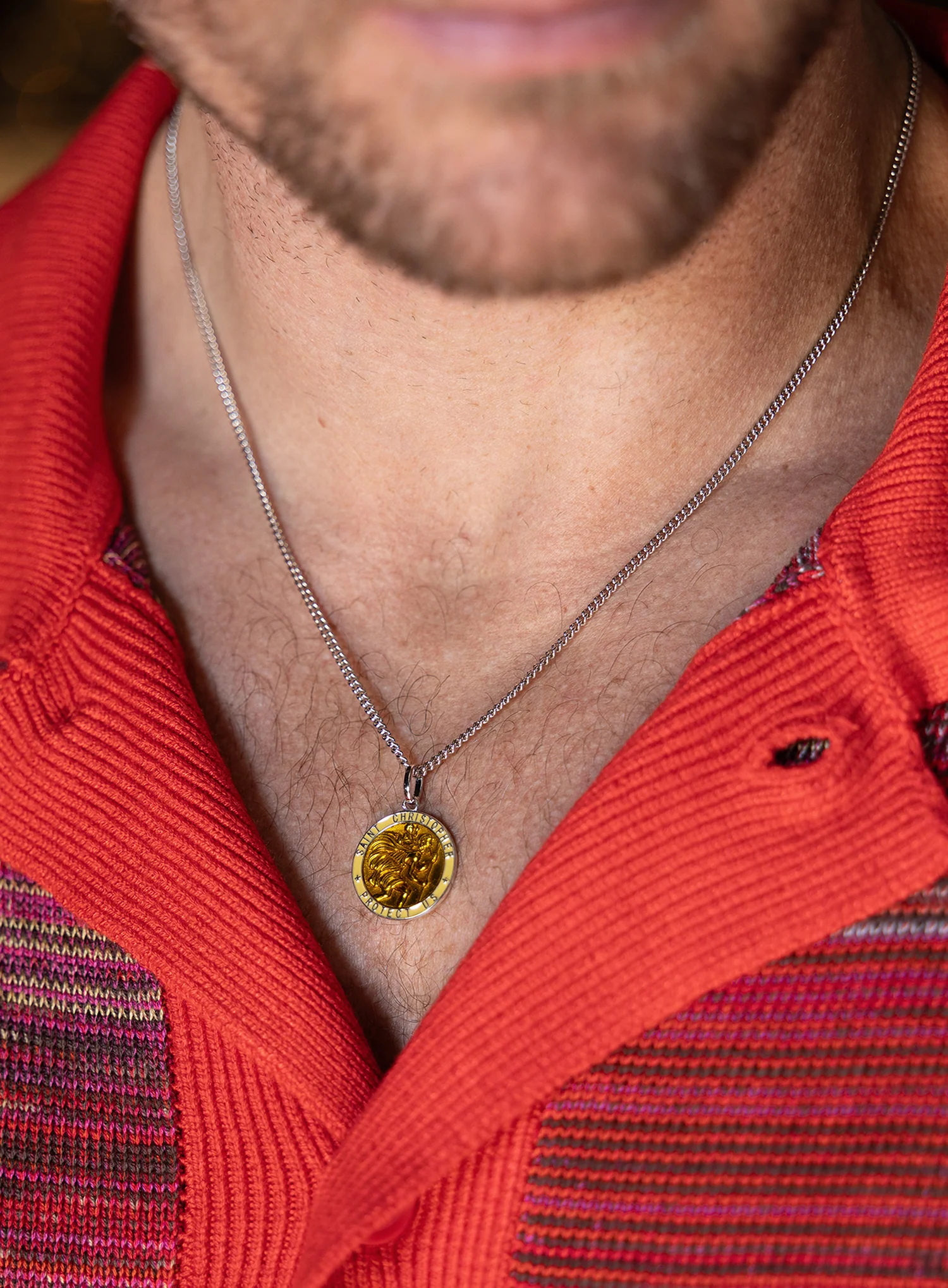 Sterling Silver Yellow/Saffron Enamel Saint Christopher Medal Necklace for Men - Image 3