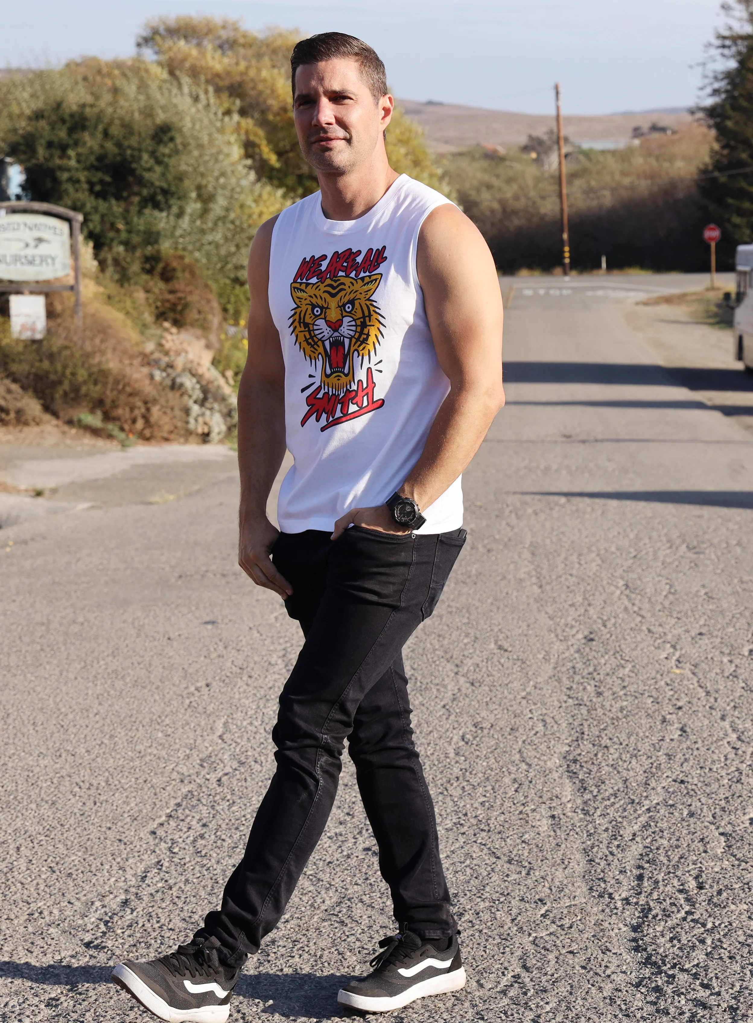 Tiger We Are All Smith Logo White Muscle Shirt - Image 4