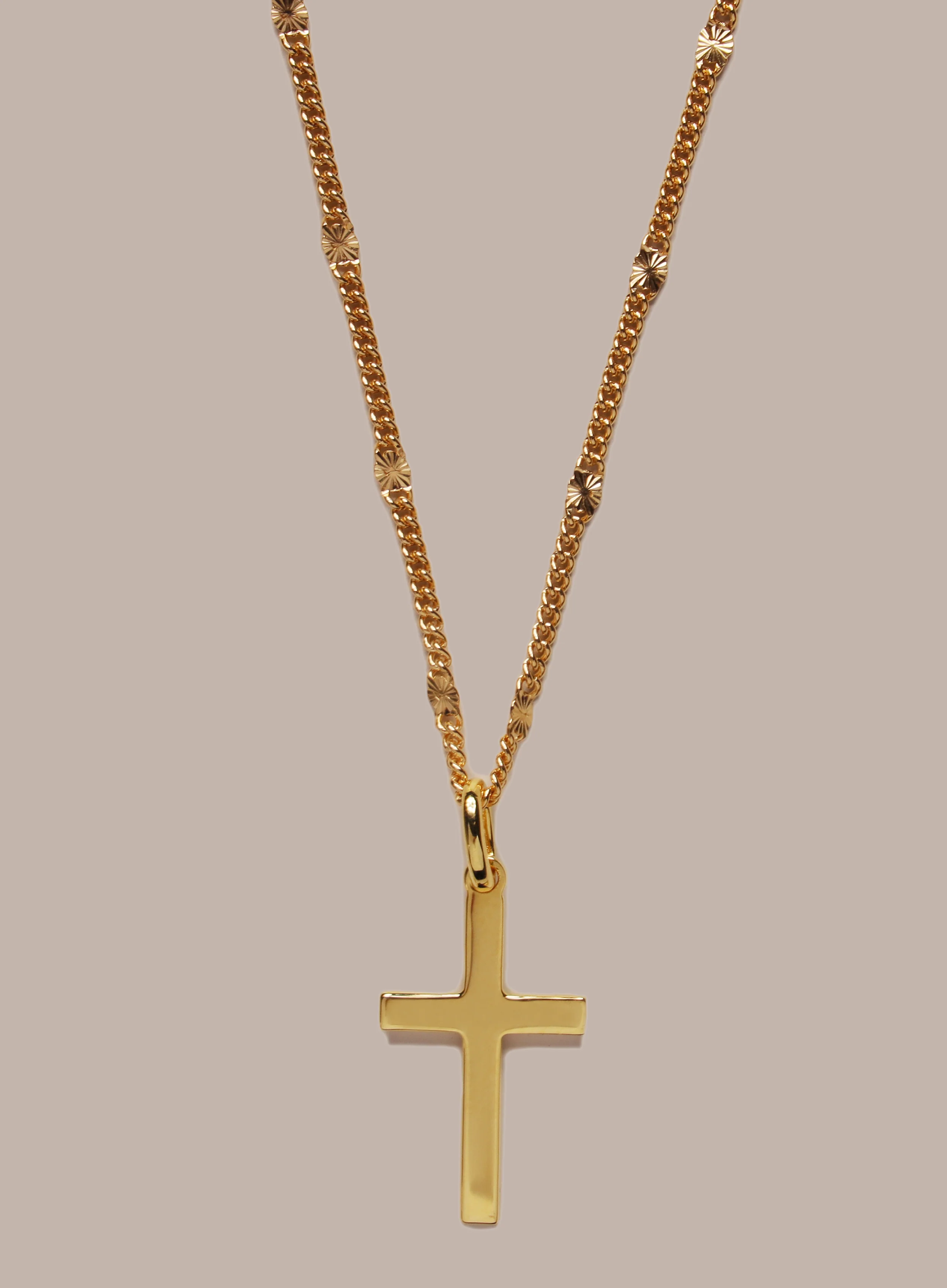 Vermeil Gold Cross on 14k Gold Filled Curb Starburst Chain Necklace for Men