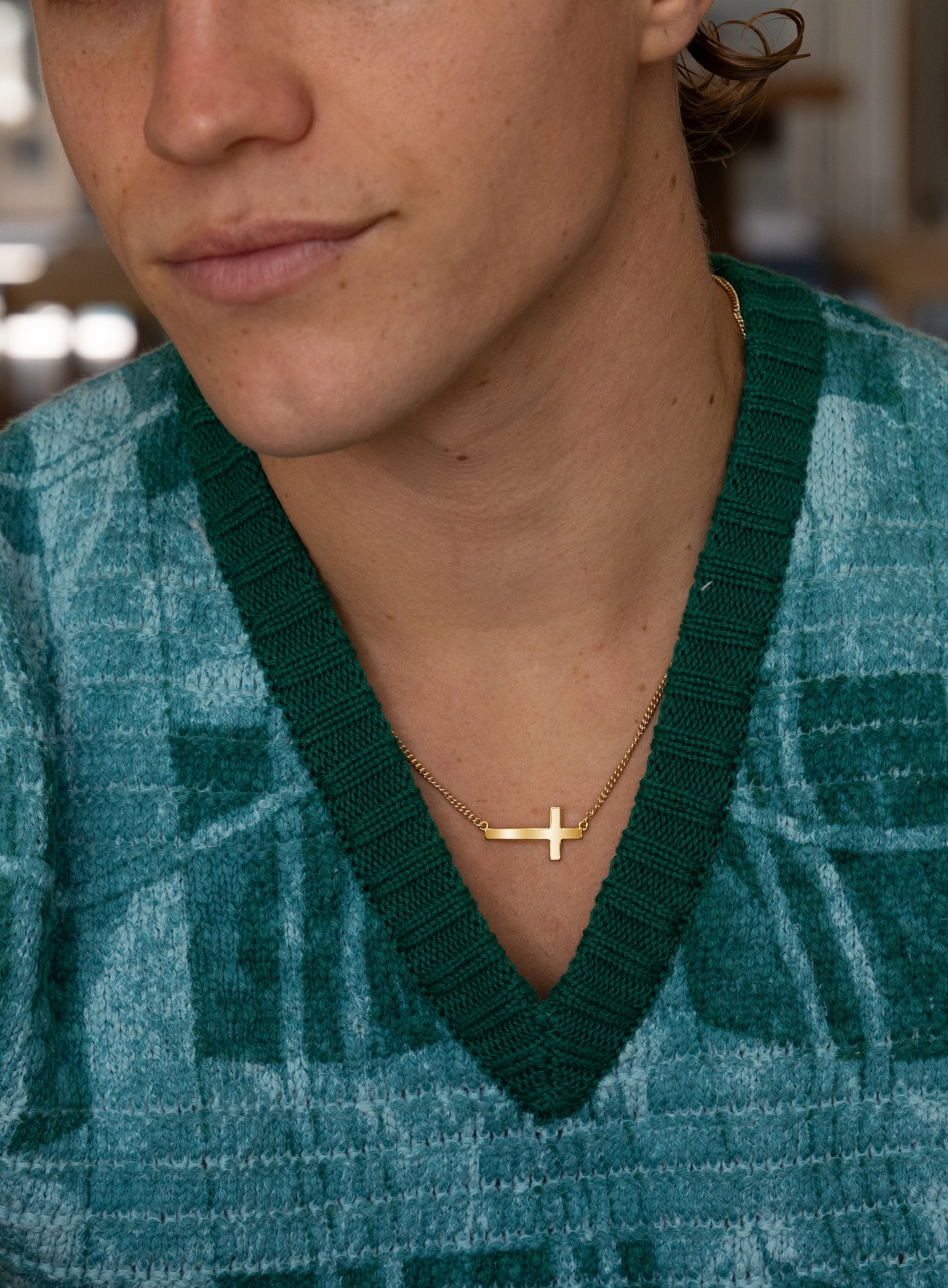 Vermeil Gold Sideways Cross on 14k Gold Filled Curb Chain - Image 2