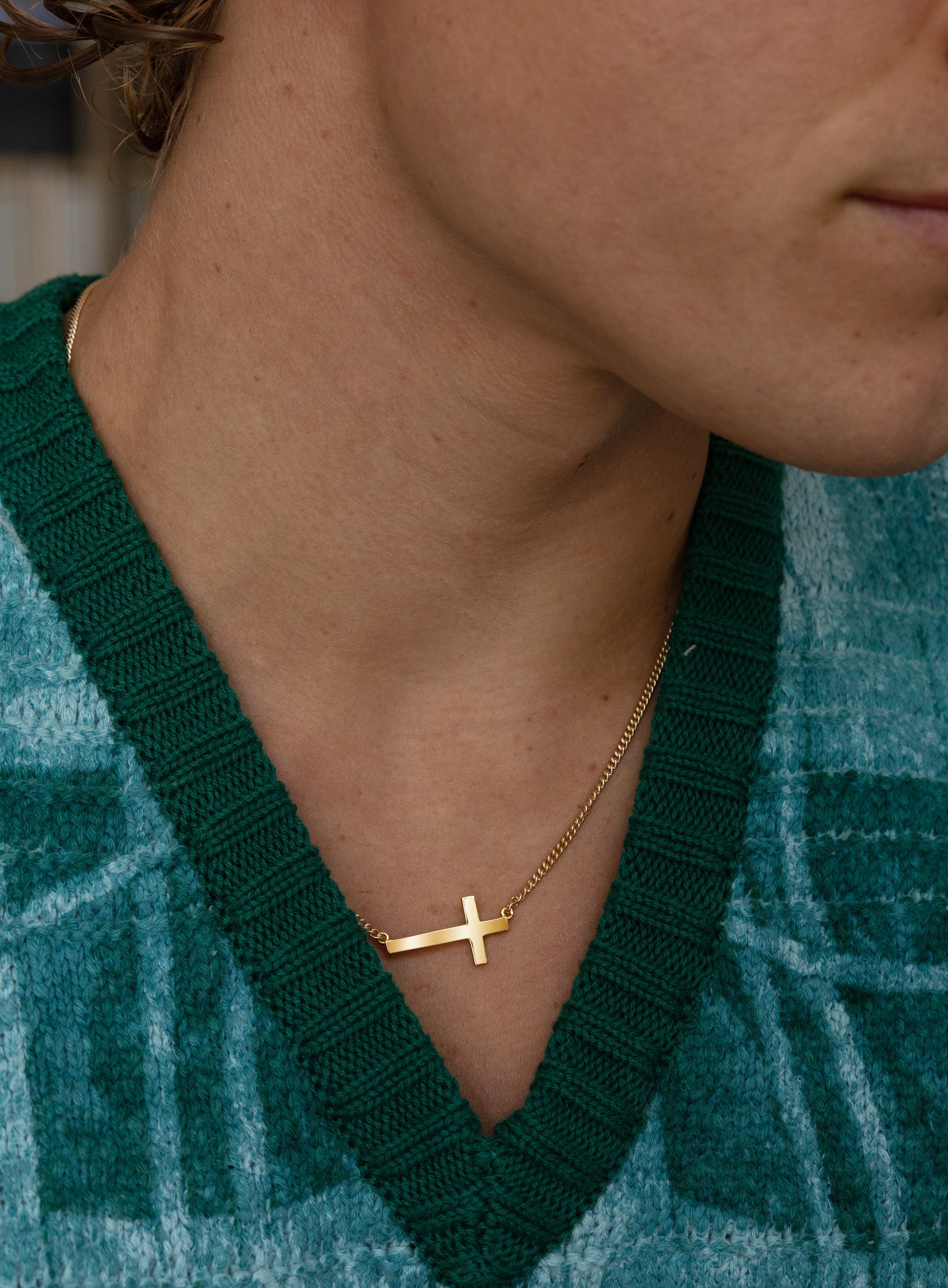 Vermeil Gold Sideways Cross on 14k Gold Filled Curb Chain - Image 3